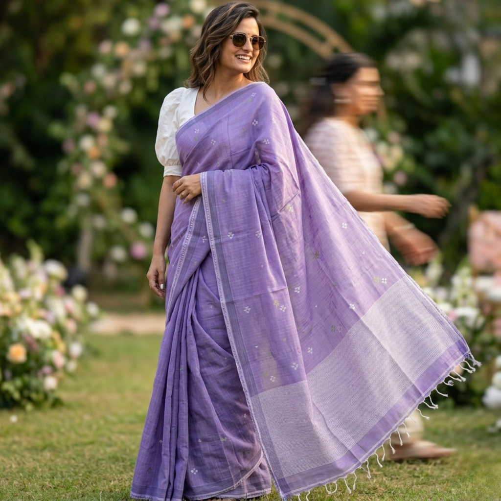 Handloom Purple Jamdani Saree with White Butti