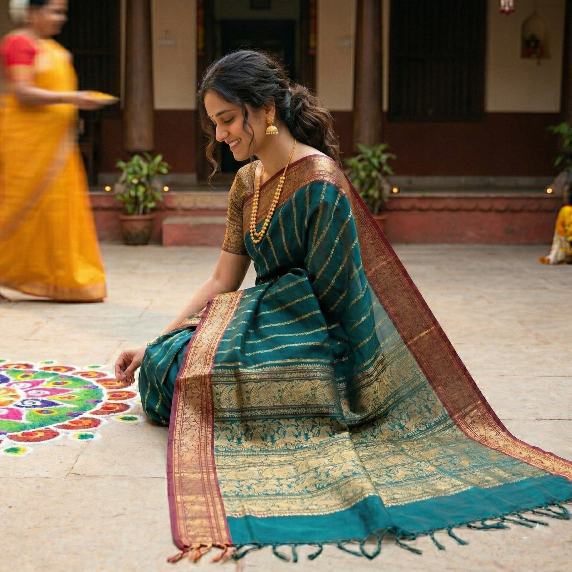 Green Kanjeevaram Silk Cotton Saree with Vertical Veldhari