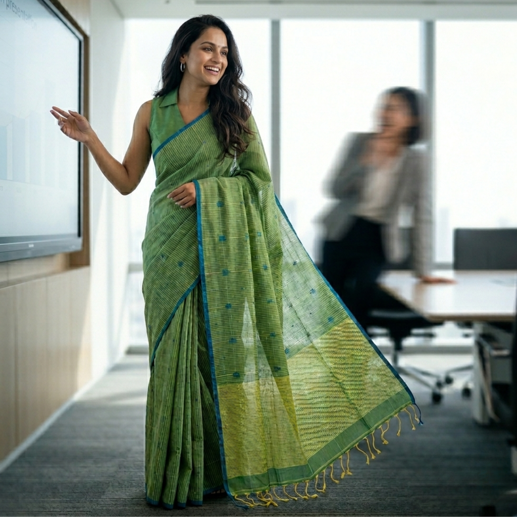 Handloom Pista Green Jamdani Saree with Checks