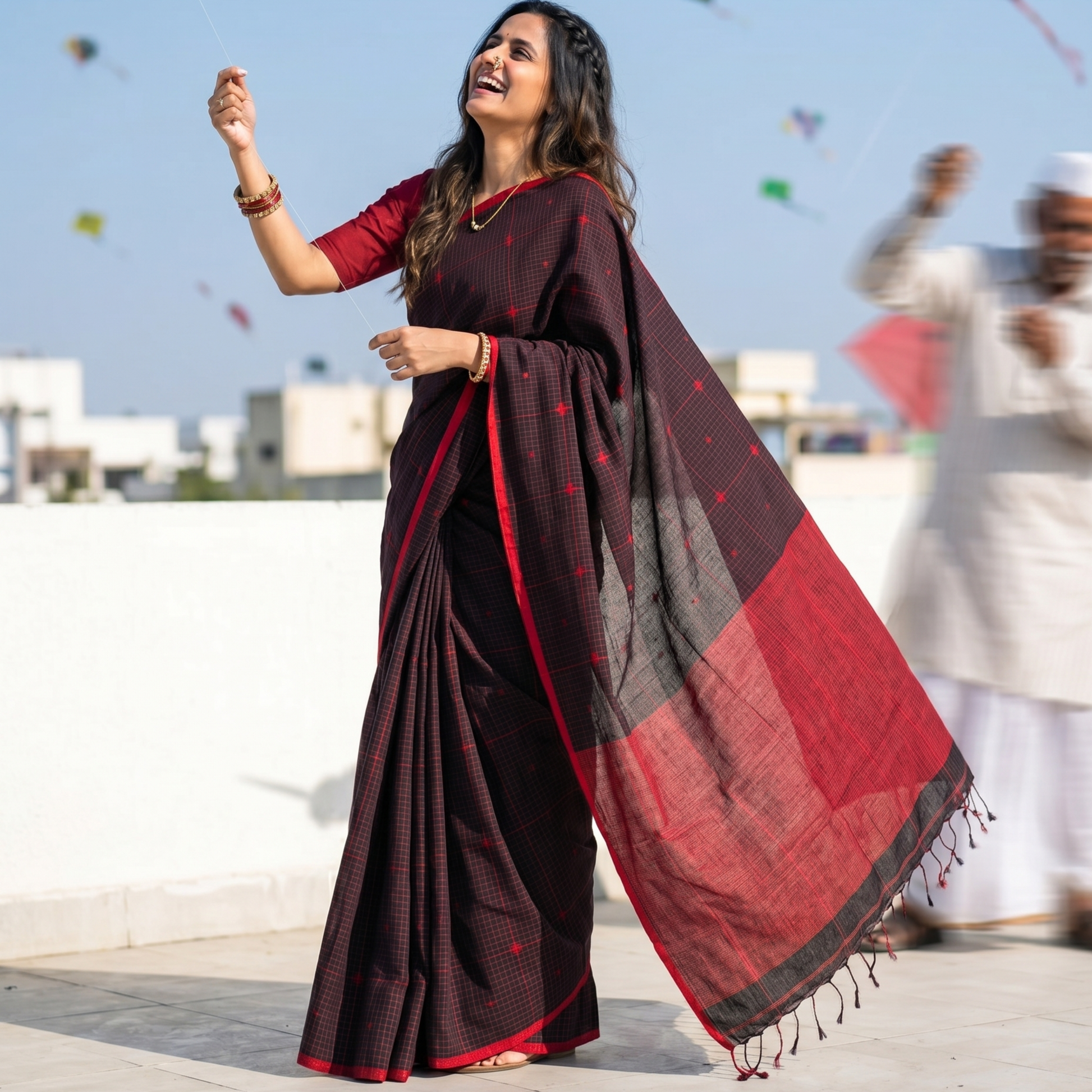 Handloom Black Red Jamdani Saree with Checks