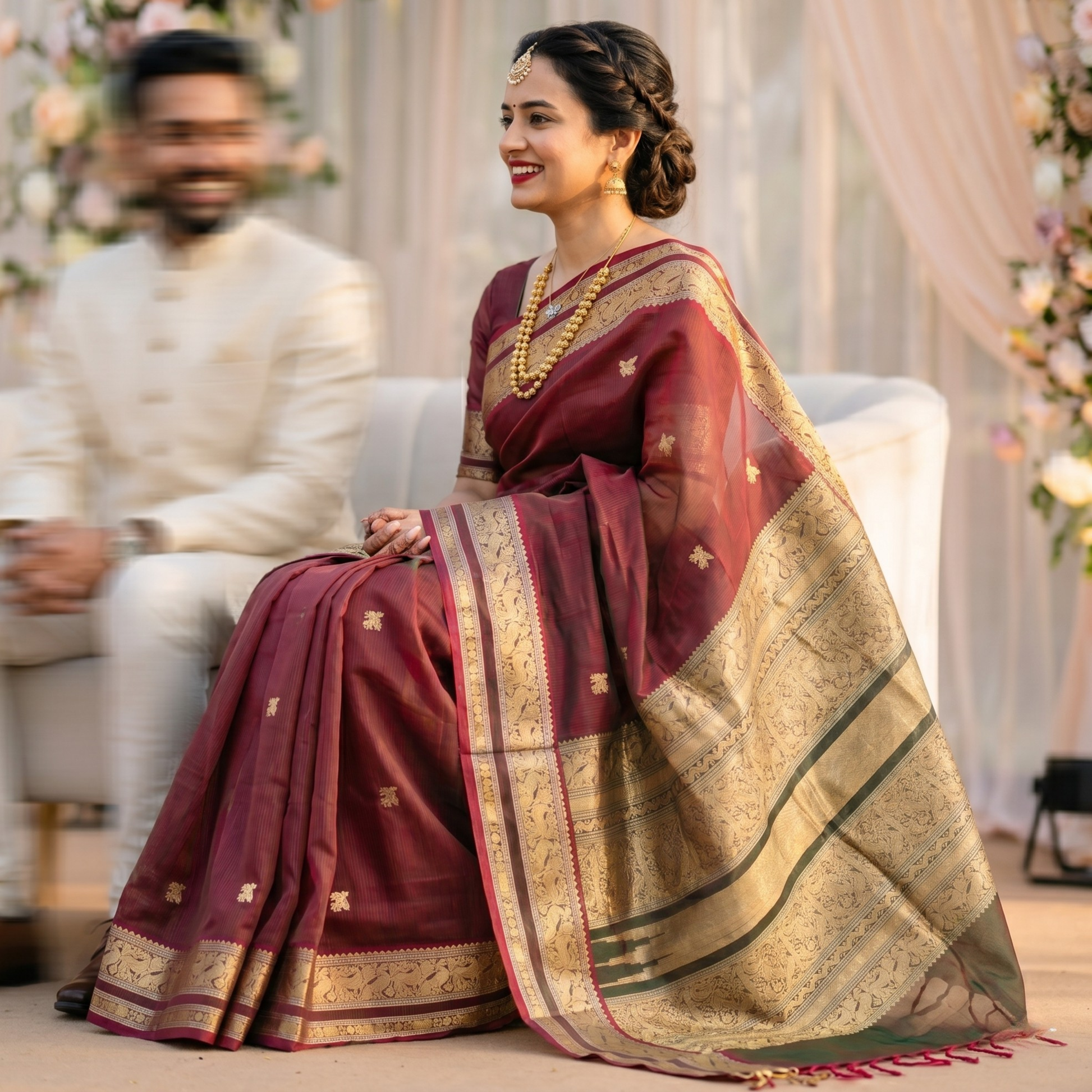 Red Silk Cotton Kanjivaram Saree with Green Stripes, Buttis & Zari Pallu