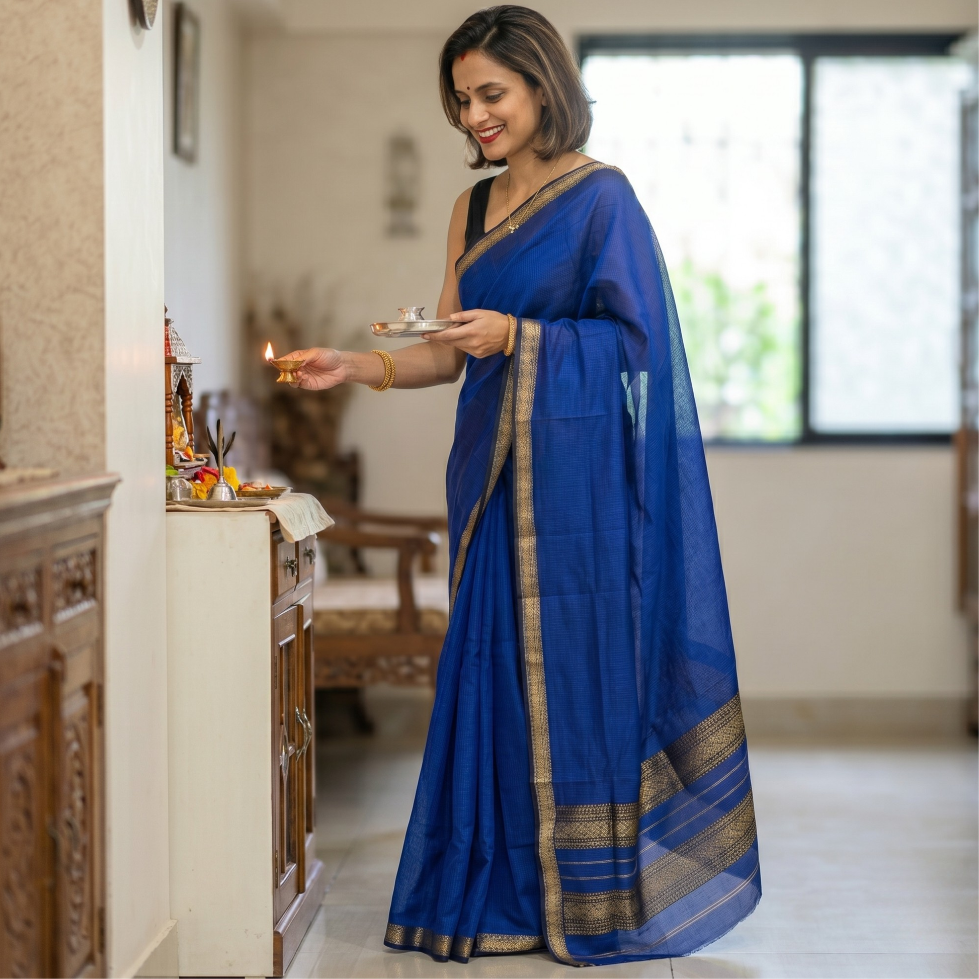 Garbh Reshmi Royal Blue Maheshwari Silk Saree