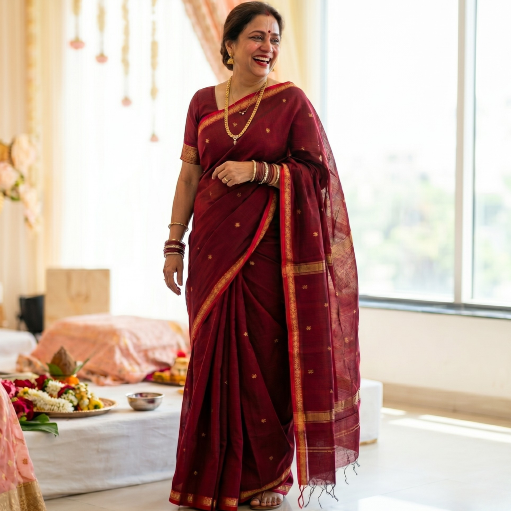 Handwoven Maheshwari Red Silk Cotton Saree