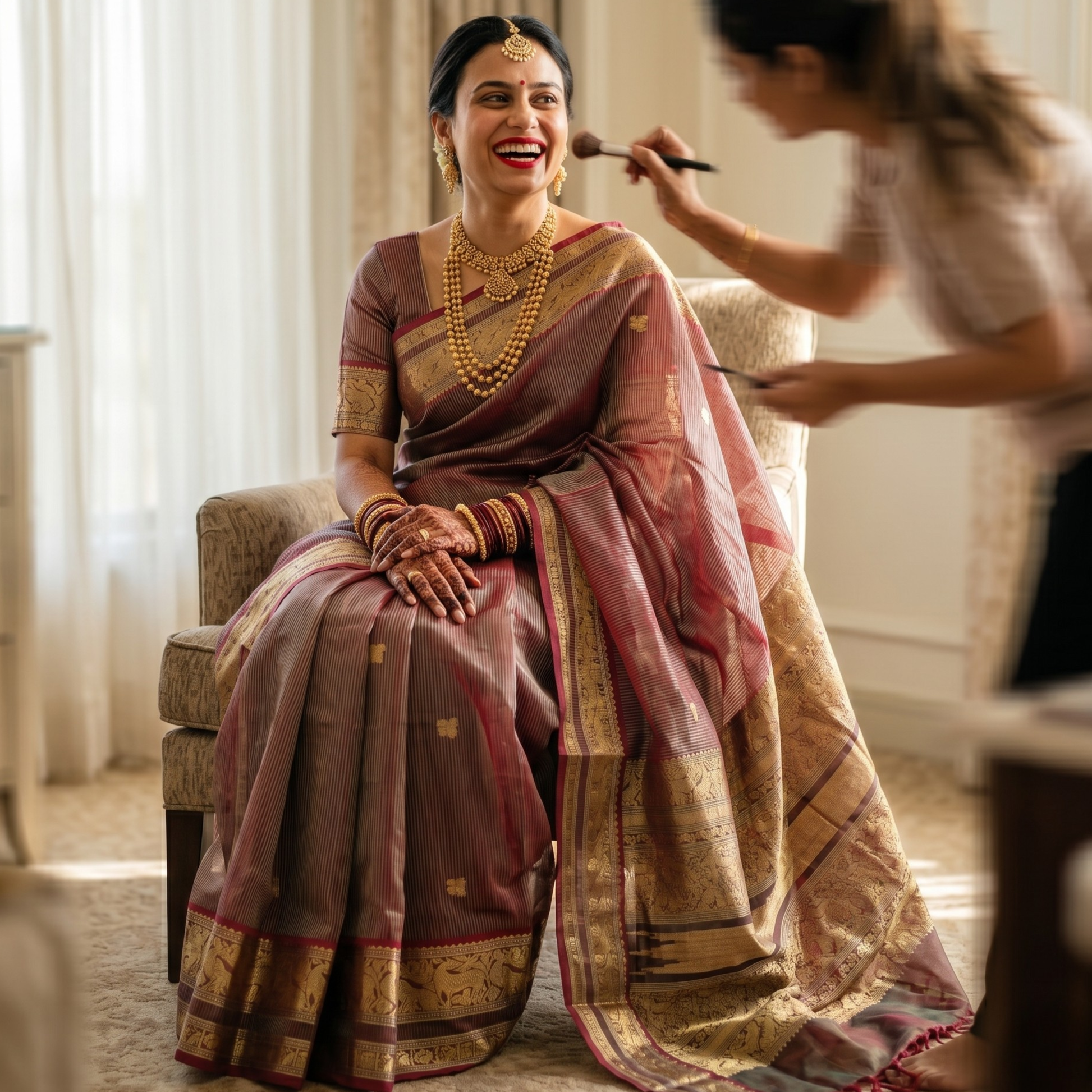 Red Silk Cotton Kanjivaram Saree with Mehendi Green Stripes, Buttis & Zari Pallu