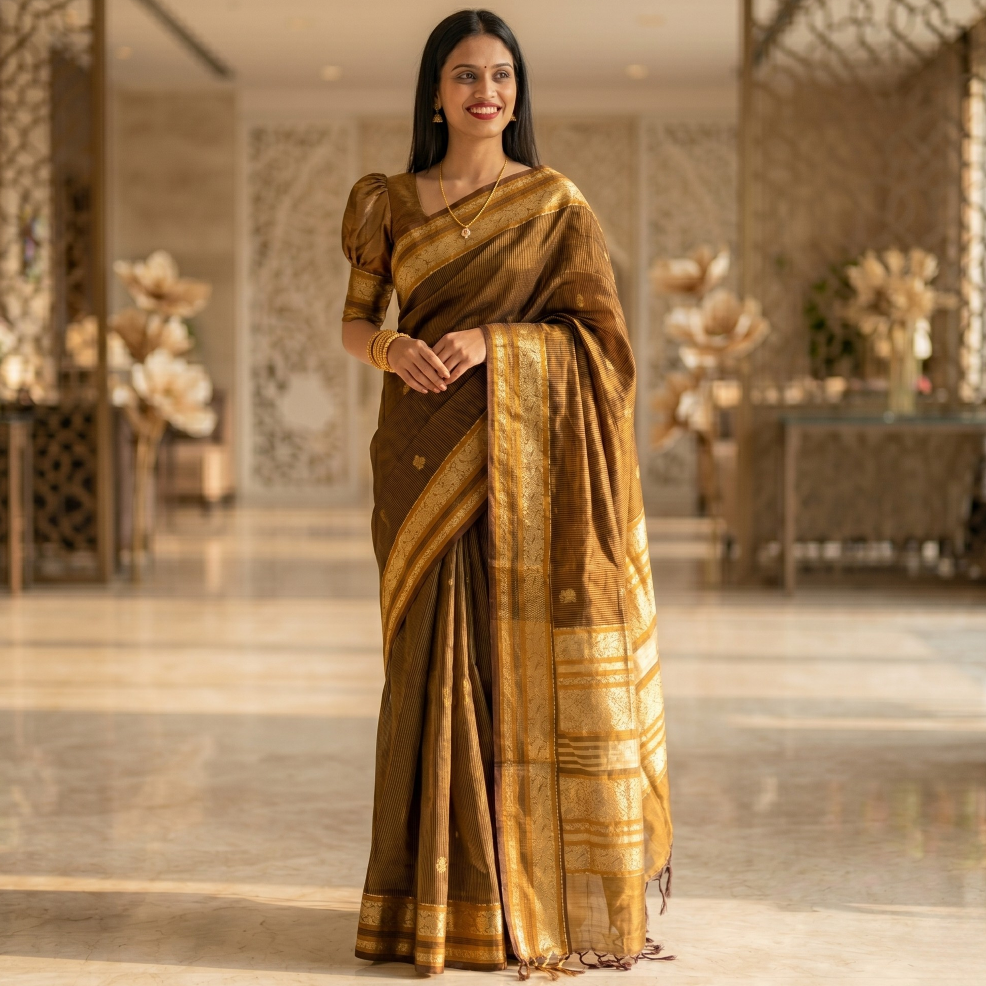 Golden Kanjeevaram Silk Cotton Saree with Black Stripes, Buttis & Zari Pallu