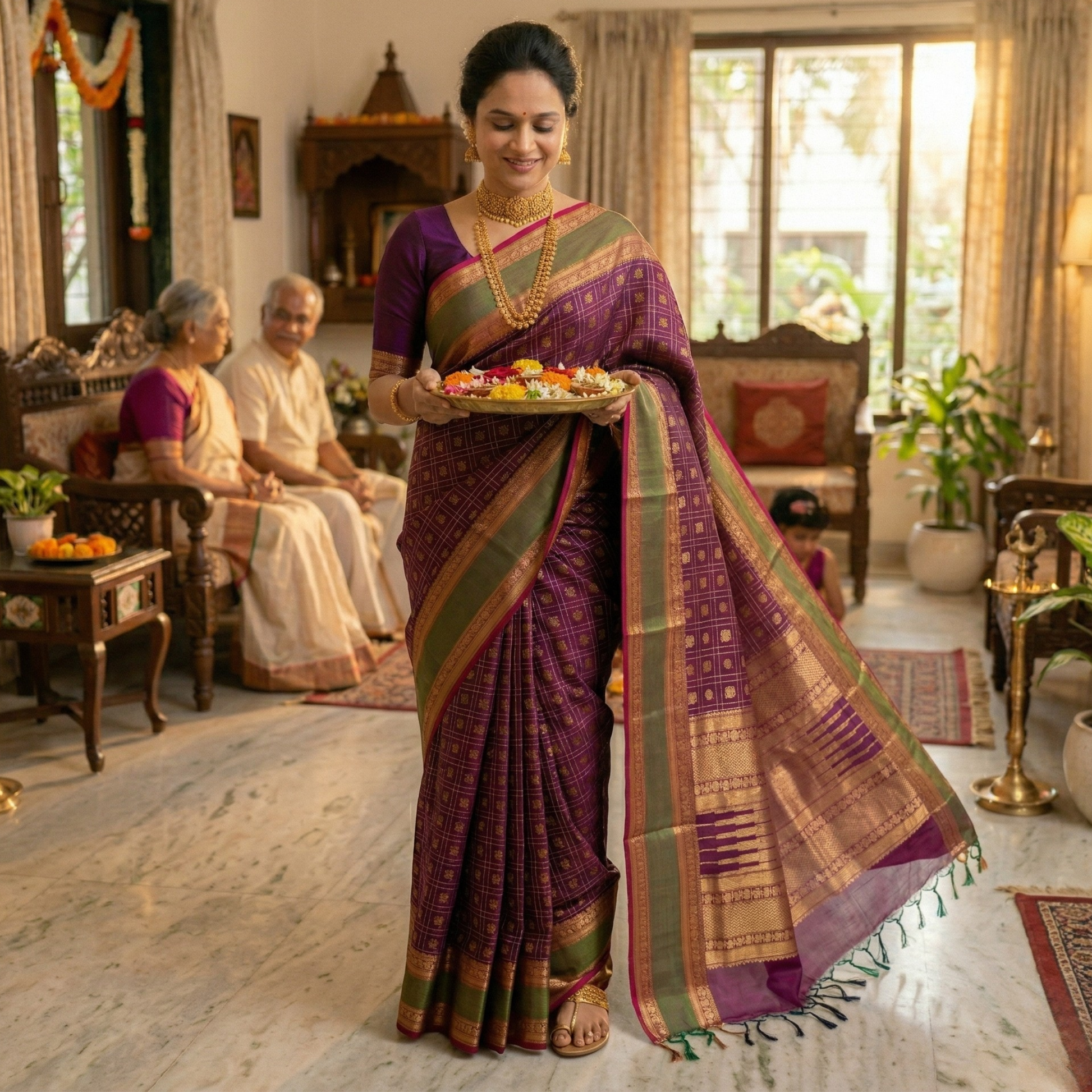 Wine Kanjeevaram Silk Cotton Saree with Checks