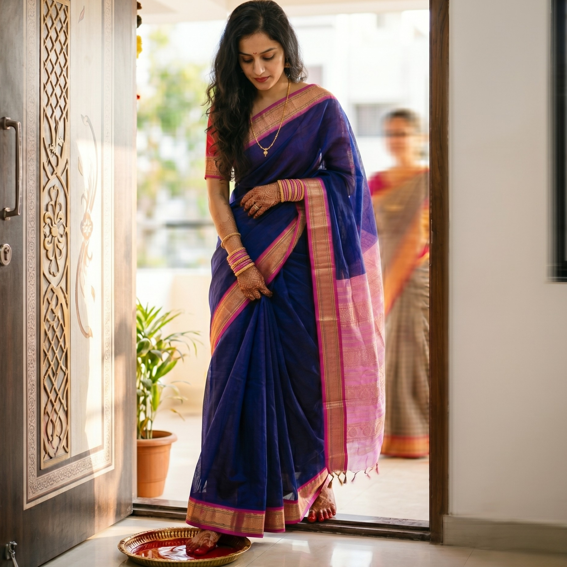 Blue Kanjeevaram Silk Cotton Saree with Zari Pallu & Small Zari Border