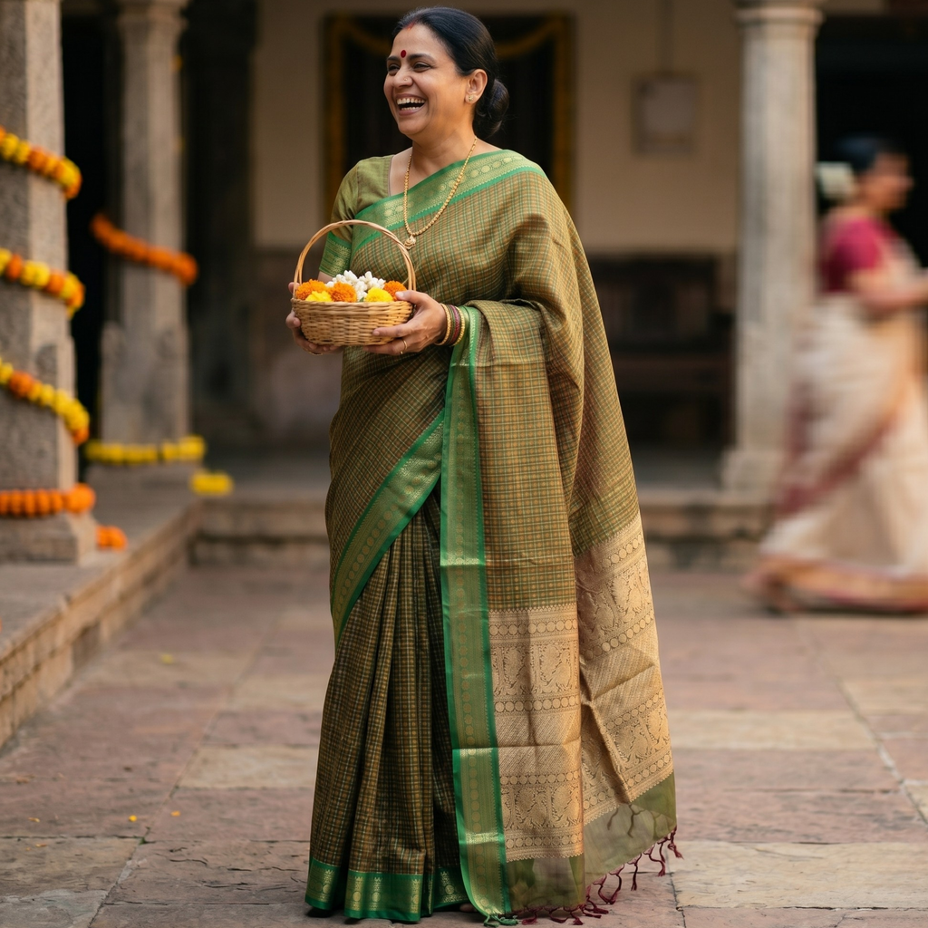 Green Kanjeevaram Silk Cotton Saree with Checks & Buttis, Zari Pallu