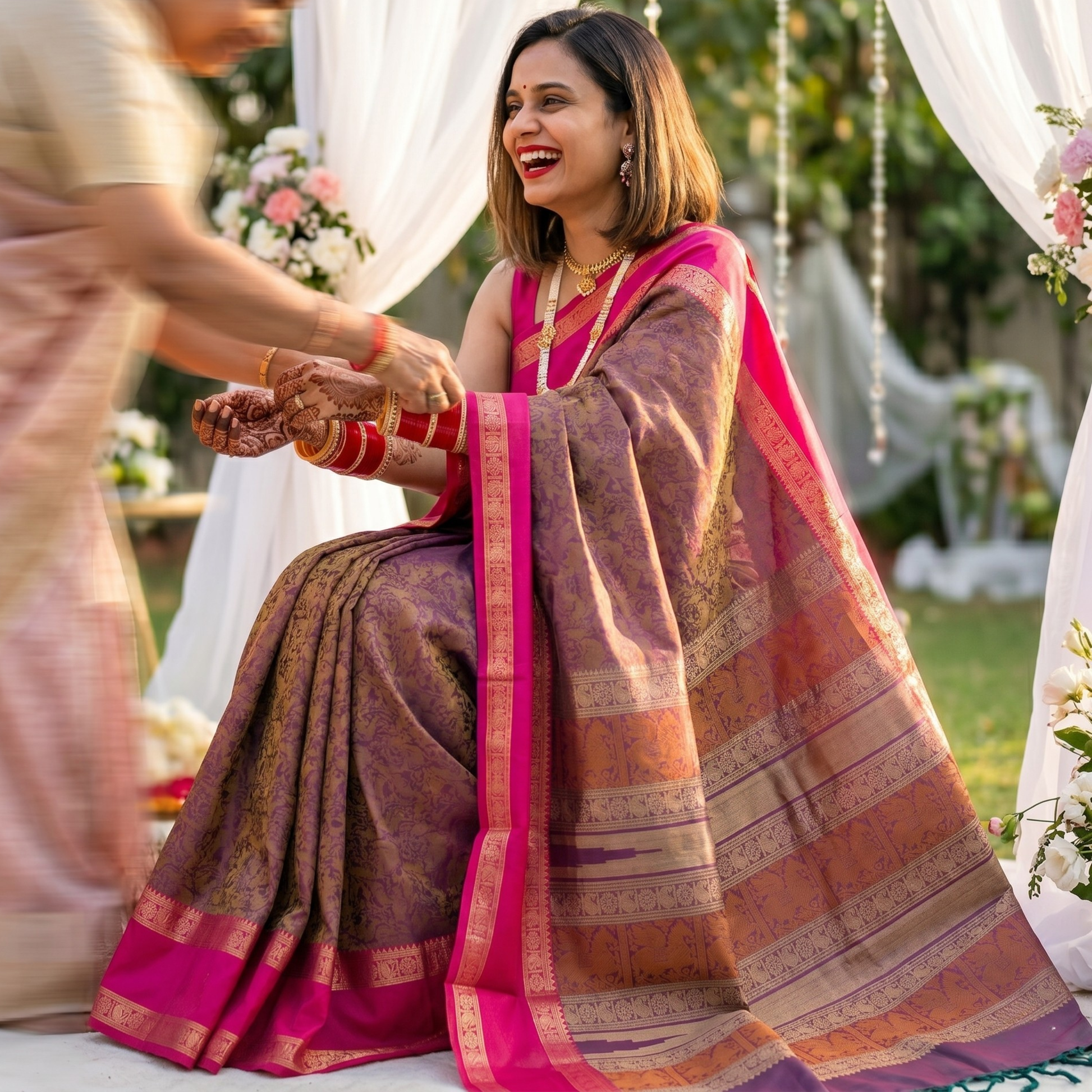 Purplish Pink Kanjeevaram Silk Cotton Saree with All-Over Resham