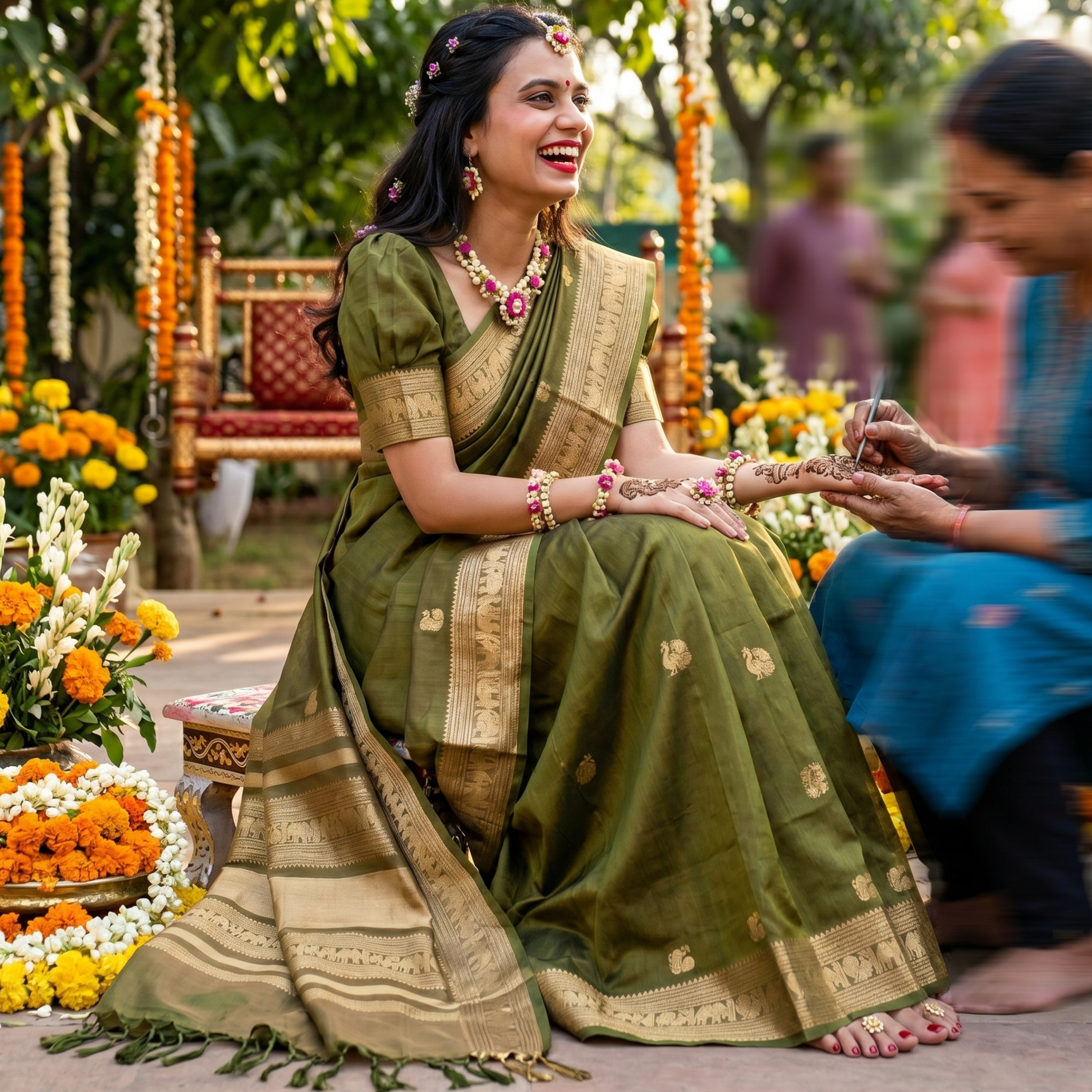 Olive Green Kanjeevaram Silk Cotton Saree with Zari Pallu