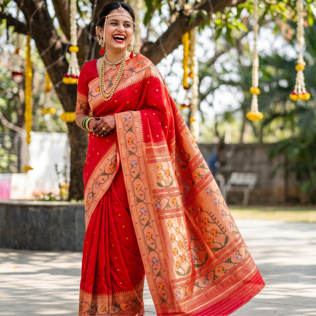 Pure Silk Red Paithani Saree with Intricate Asawali Pallu