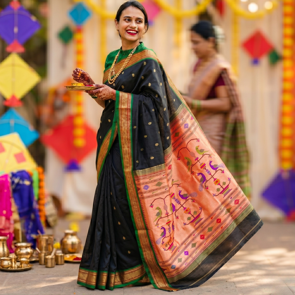 Black Pure Silk Paithani Saree with Big Koyri Buttis & Parrot Peacock Pallu