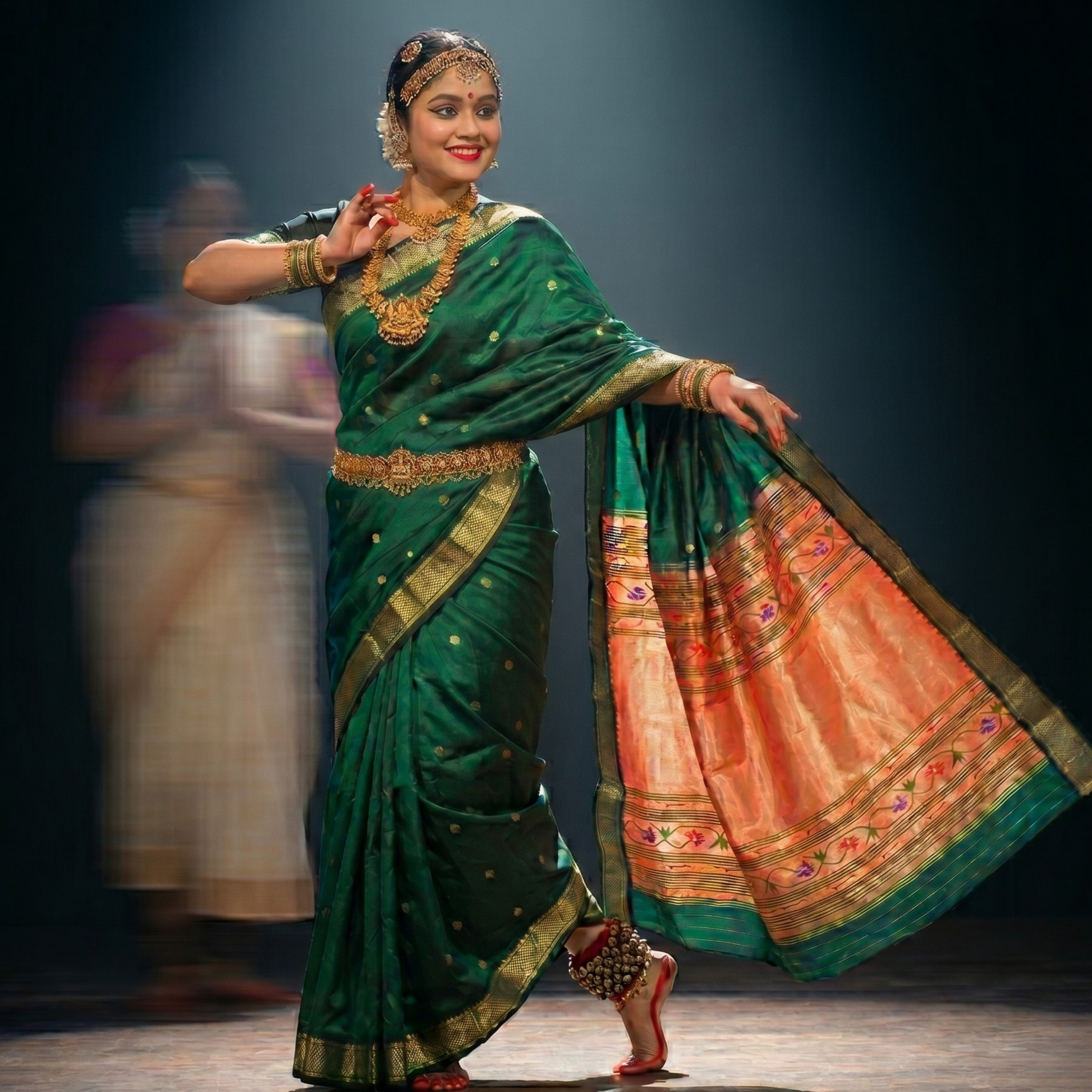 Bottle Green Pure Silk Paithani Saree with Zari Tawa Pallu
