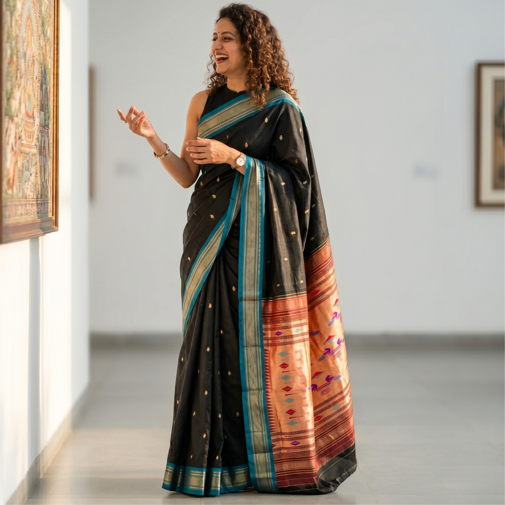 Black Pure Silk Double Padar Paithani Saree with 14 Peacocks