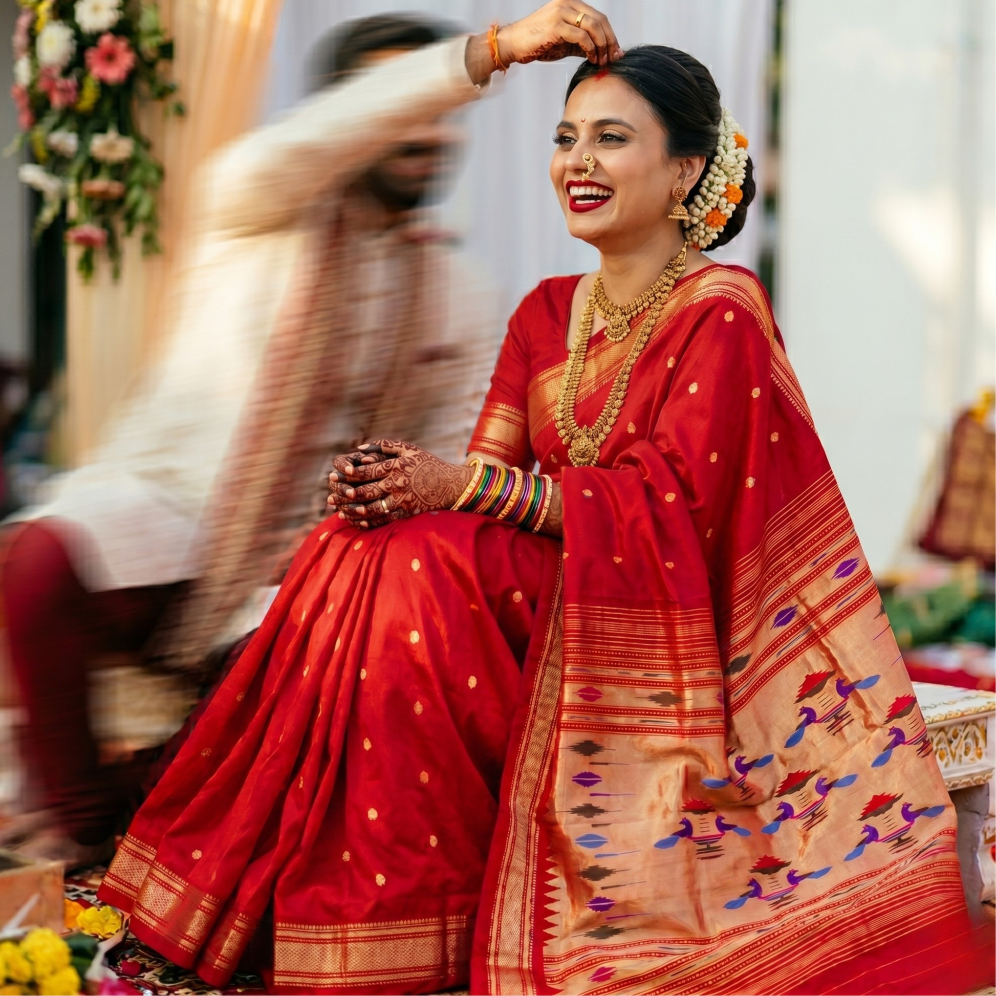 Red Pure Silk Paithani Saree with 14 Peacock Double Padar