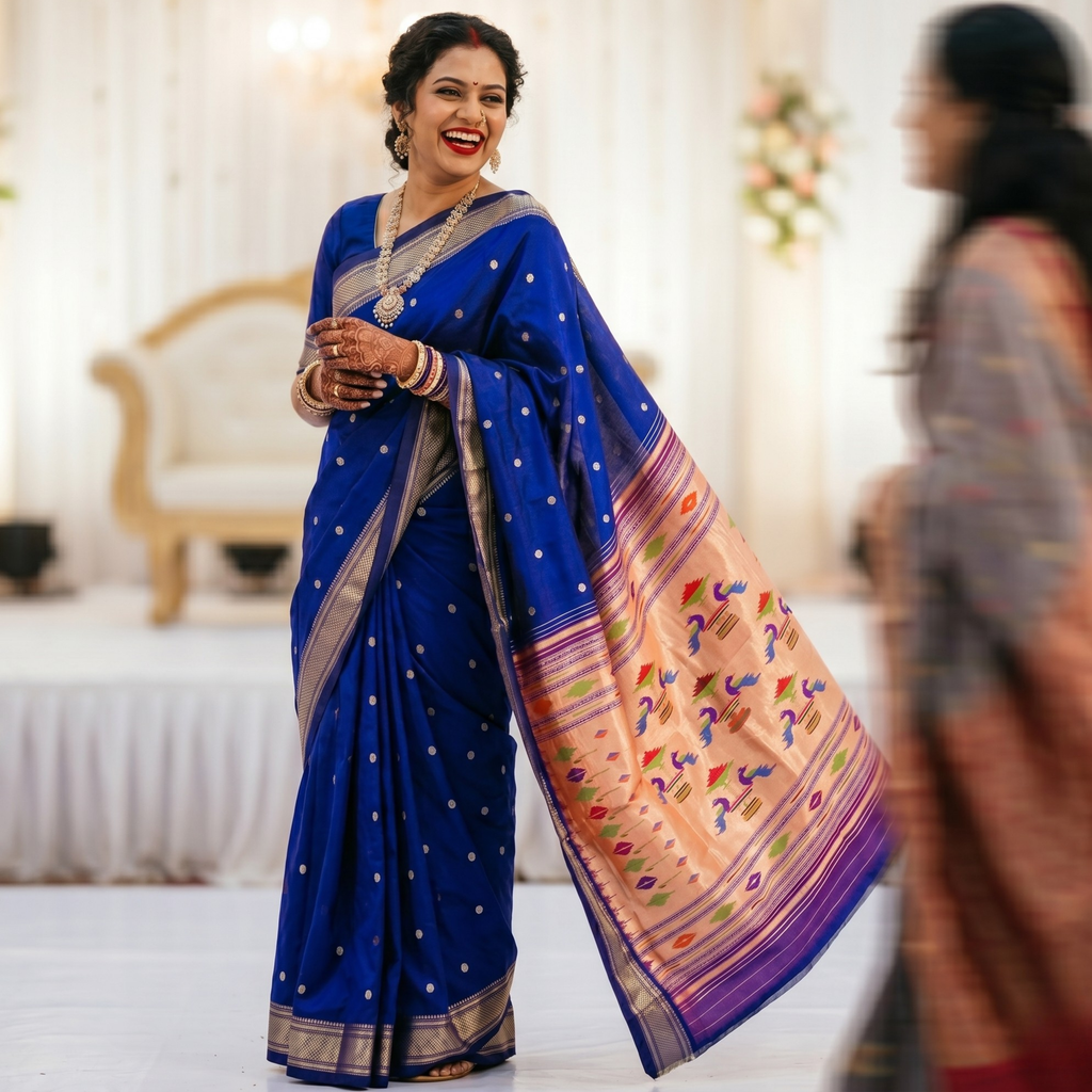 Purplish Blue Pure Silk Paithani Saree with 14 Peacock Double Padar Pallu