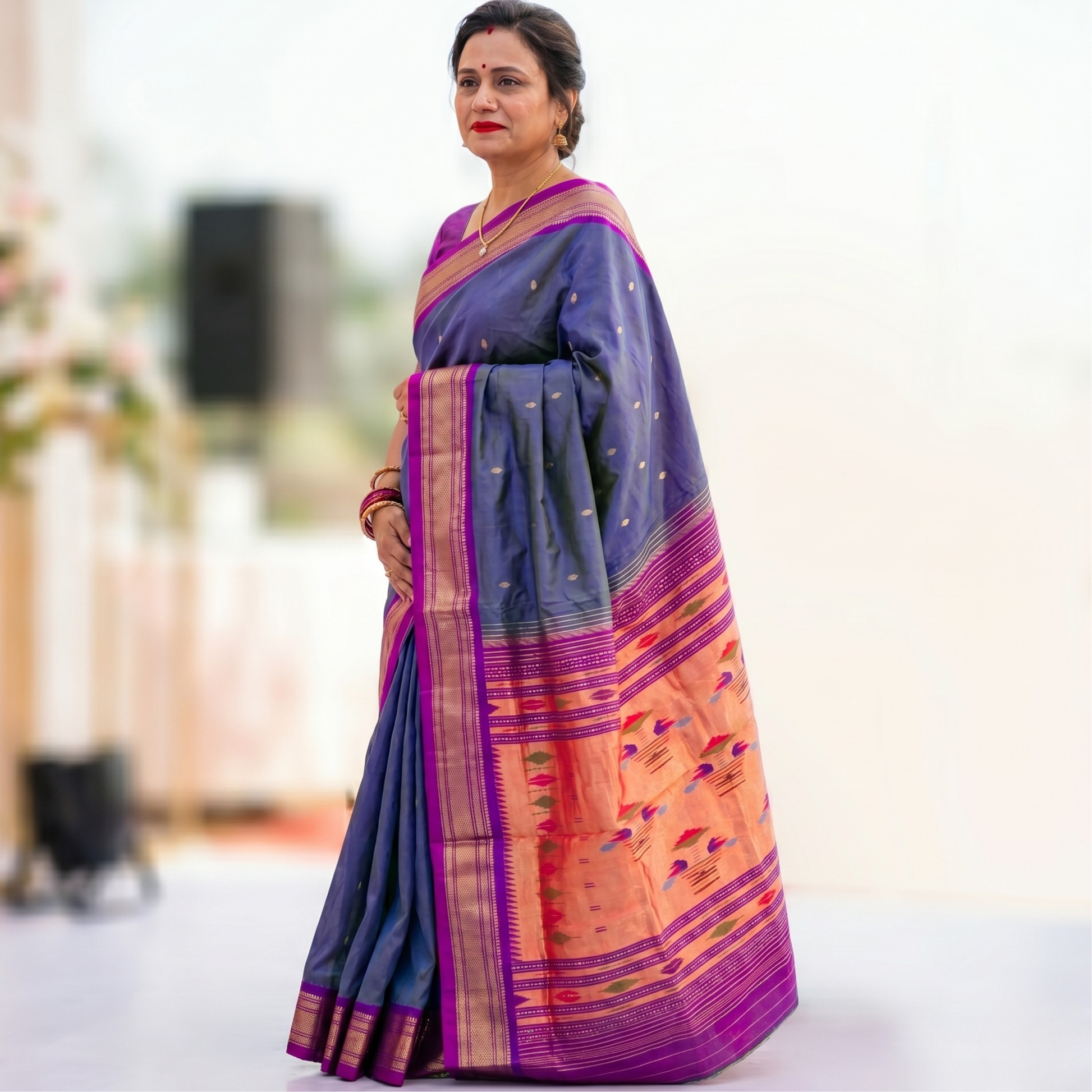 Blue Pure Silk Paithani Saree with 14 Peacock Double Padar
