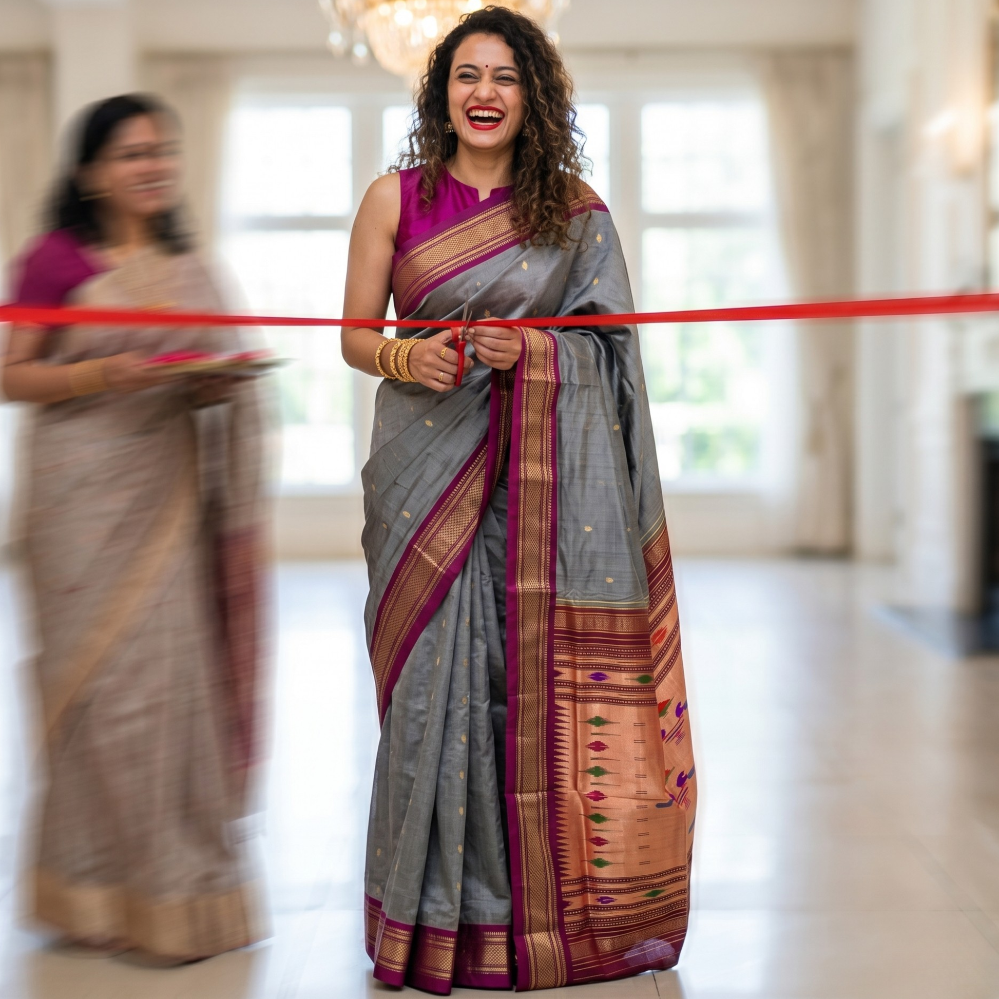 Grey Pure Silk Paithani Saree with & 14 Peacock Double Padar