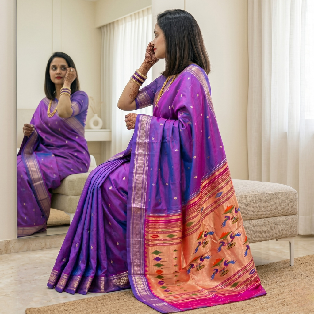 Light Purple Pure Silk Paithani Saree with 14 Peacock Double Padar