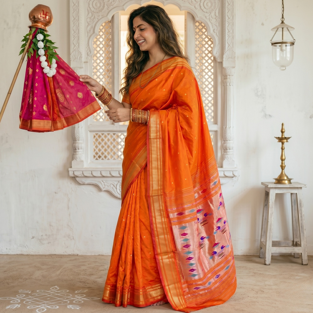 Orange Pure Silk Paithani Saree with Karnful Buttis & Double Padar Pallu