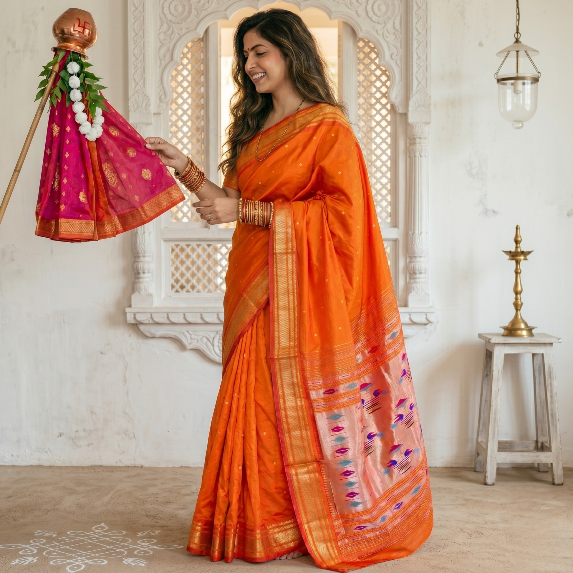 Orange Pure Silk Paithani Saree with Karnful Buttis & Double Padar Pallu