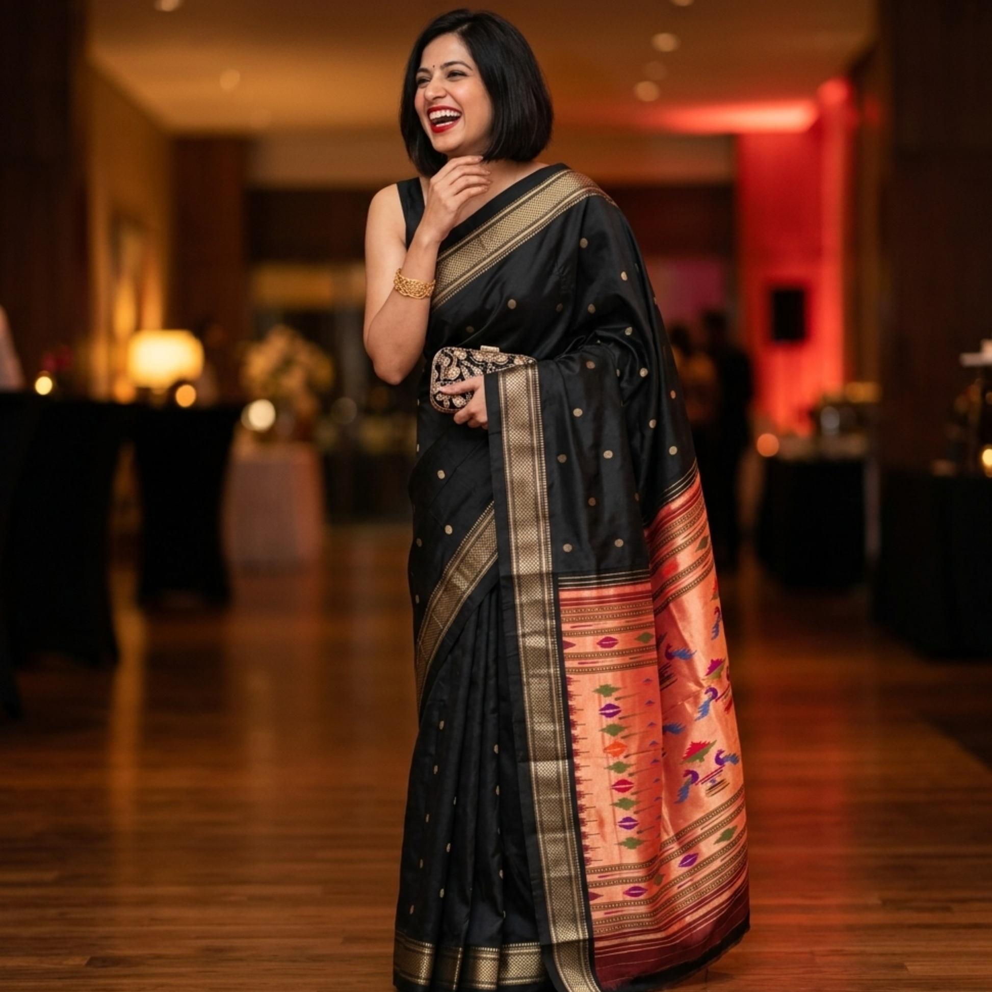 Pure Silk Black Paithani Saree with 14 Peacock Double Padar
