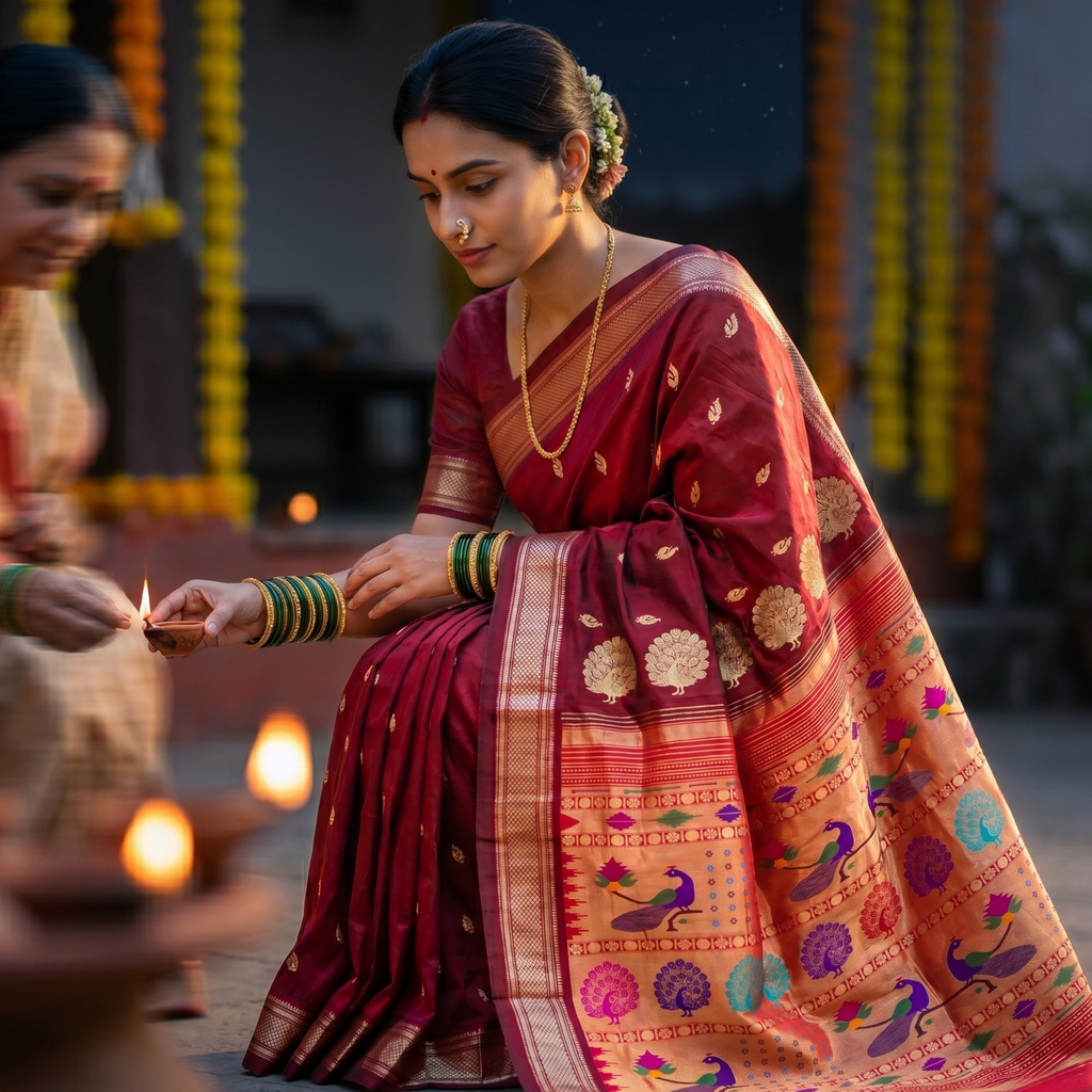 Maroon Pure Silk Paithani Saree with Peacock Meena Pallu