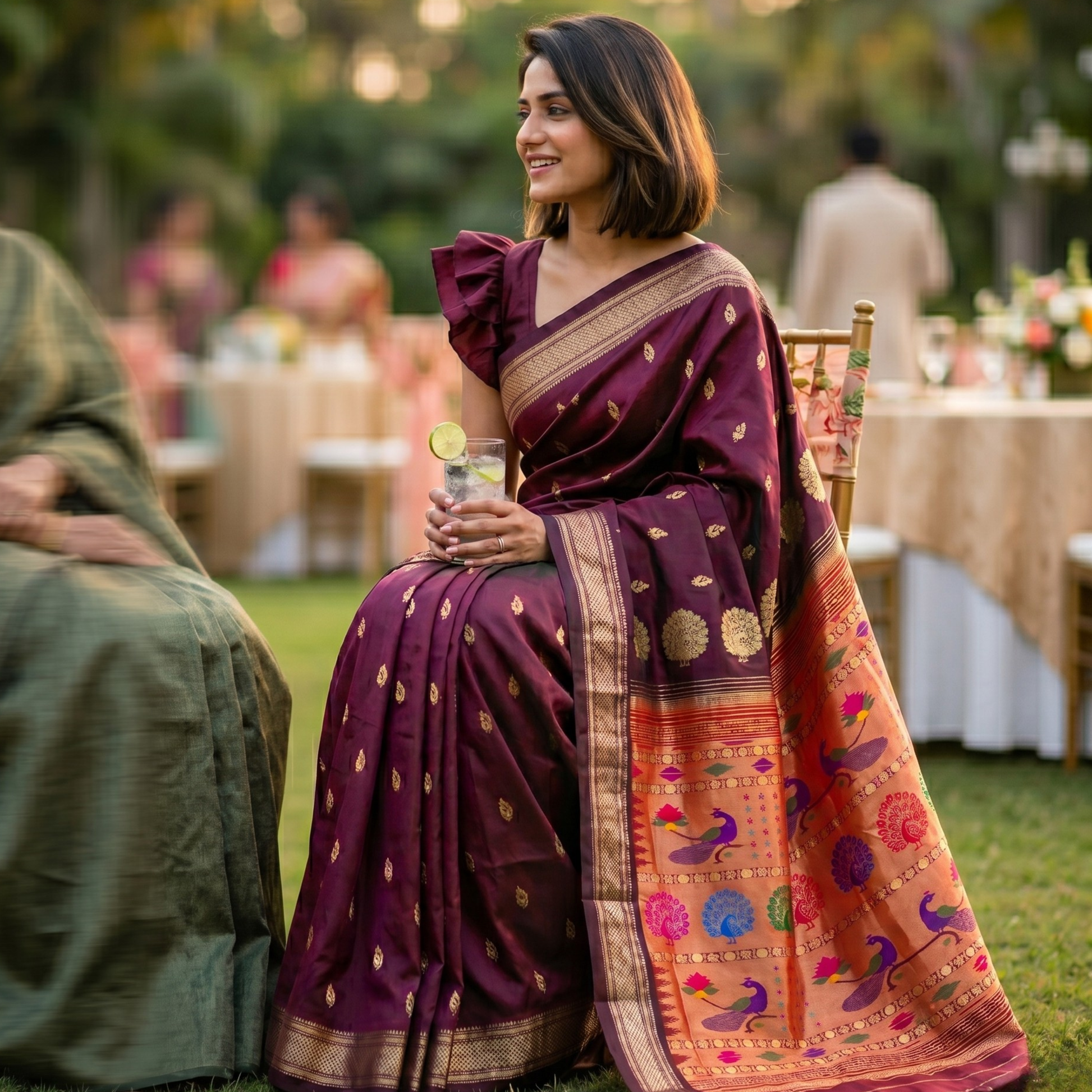 Maroon Silk Paithani Saree with Mor Buttis & Meena Pallu