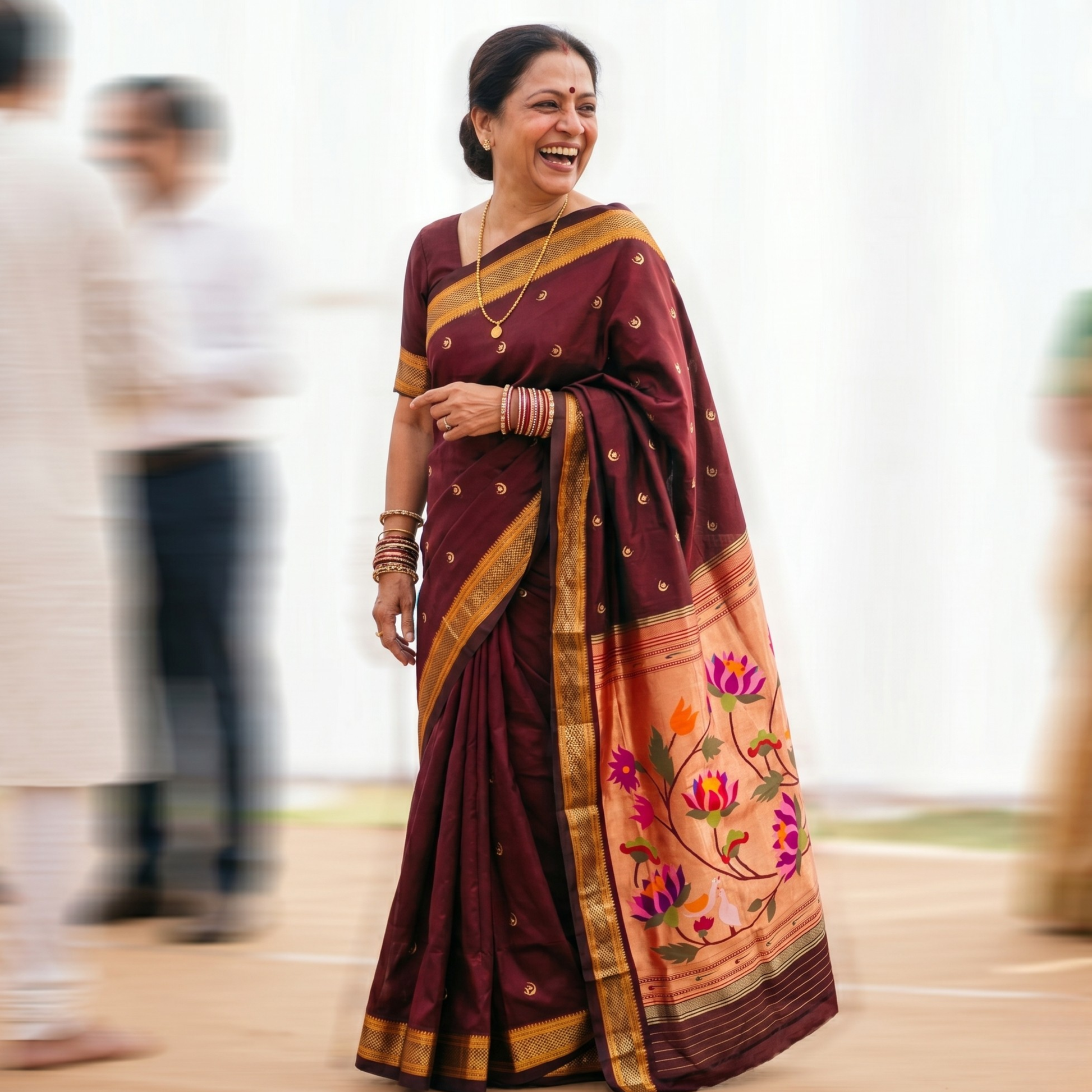 Brown Pure Silk Paithani Saree with & Colourful Lotus Pallu