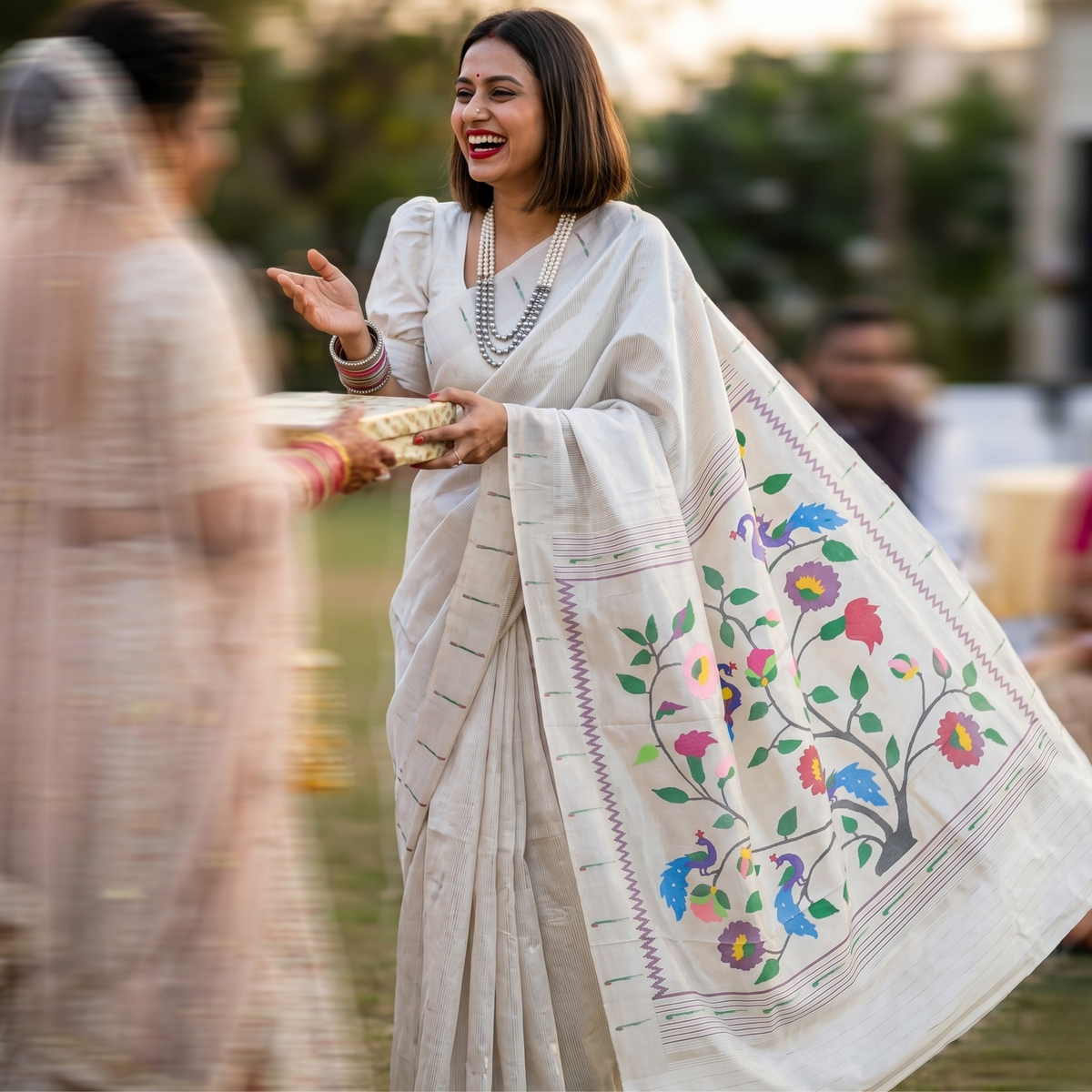 White Pure Silk Paithani Saree with All-Over Zari Stripes & Peacock Floral Pallu