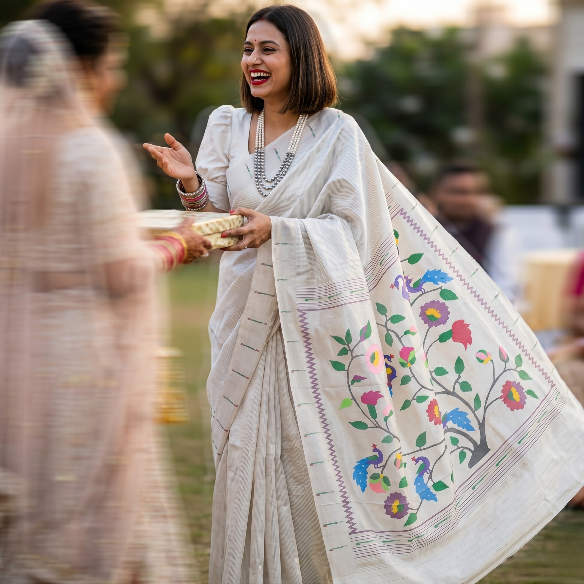 White Pure Silk Paithani Saree with All-Over Zari Stripes & Peacock Floral Pallu