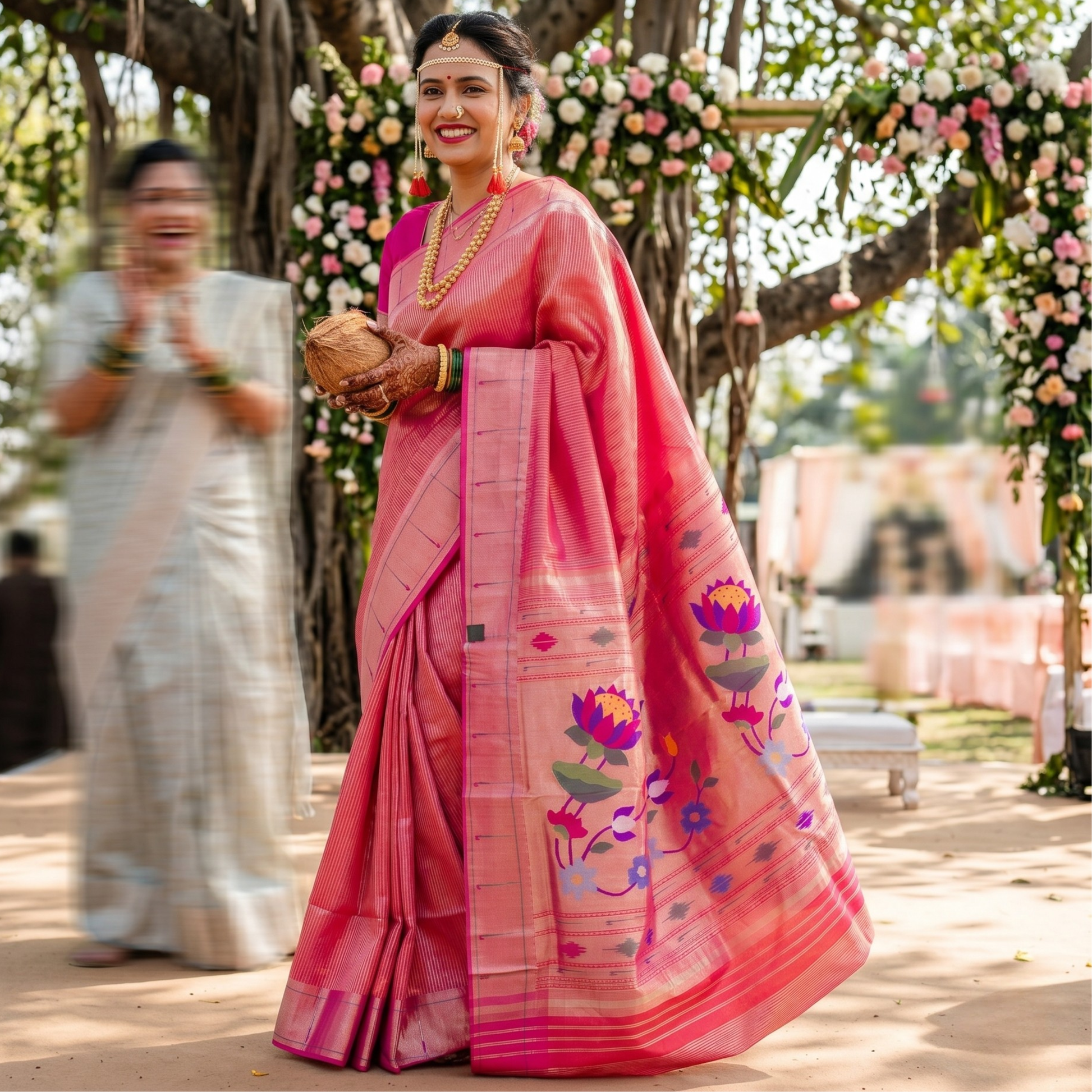 Rani Pink Pure Silk Paithani Saree with Zari Stripes & Intricate Lotus Flower Pallu