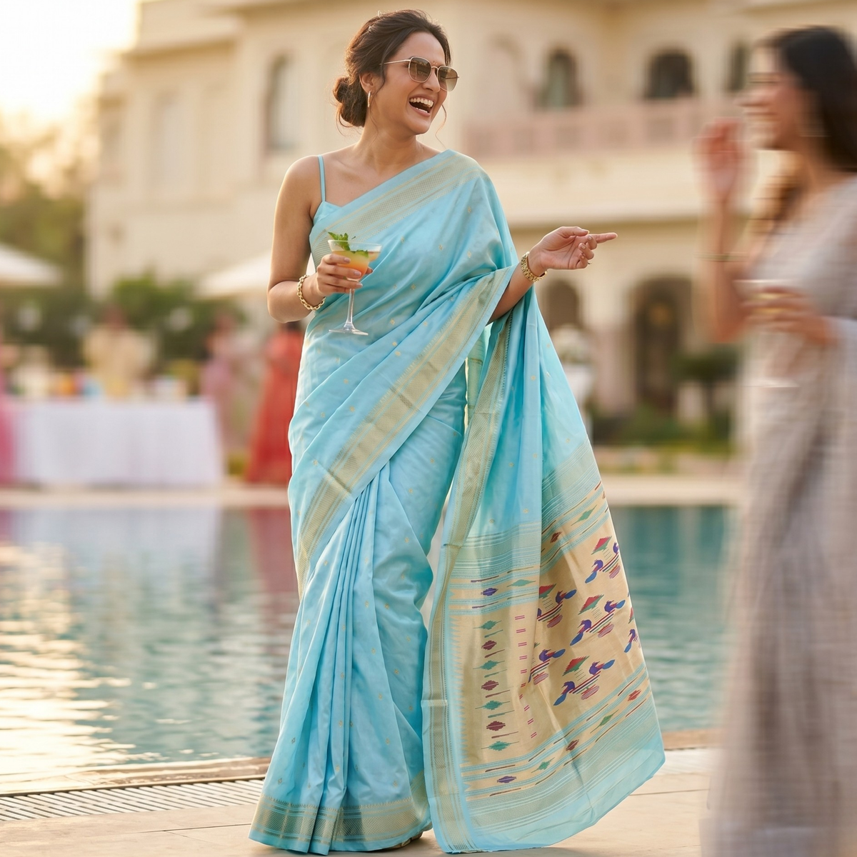 Sky Blue Pure Silk Paithani Saree with 14 Peacock Double Padar