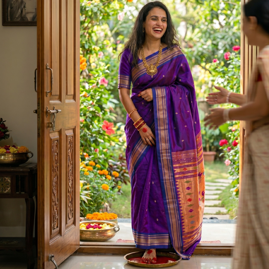 Pure Silk Purple Paithani Saree with 14 Peacock Double Padar Pallu