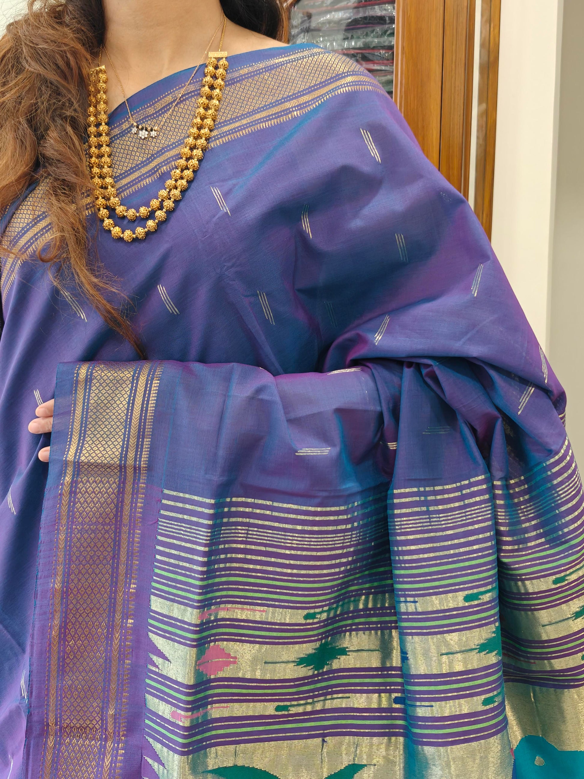 Pure Cotton Bluish Purple Asawali Paithani Saree