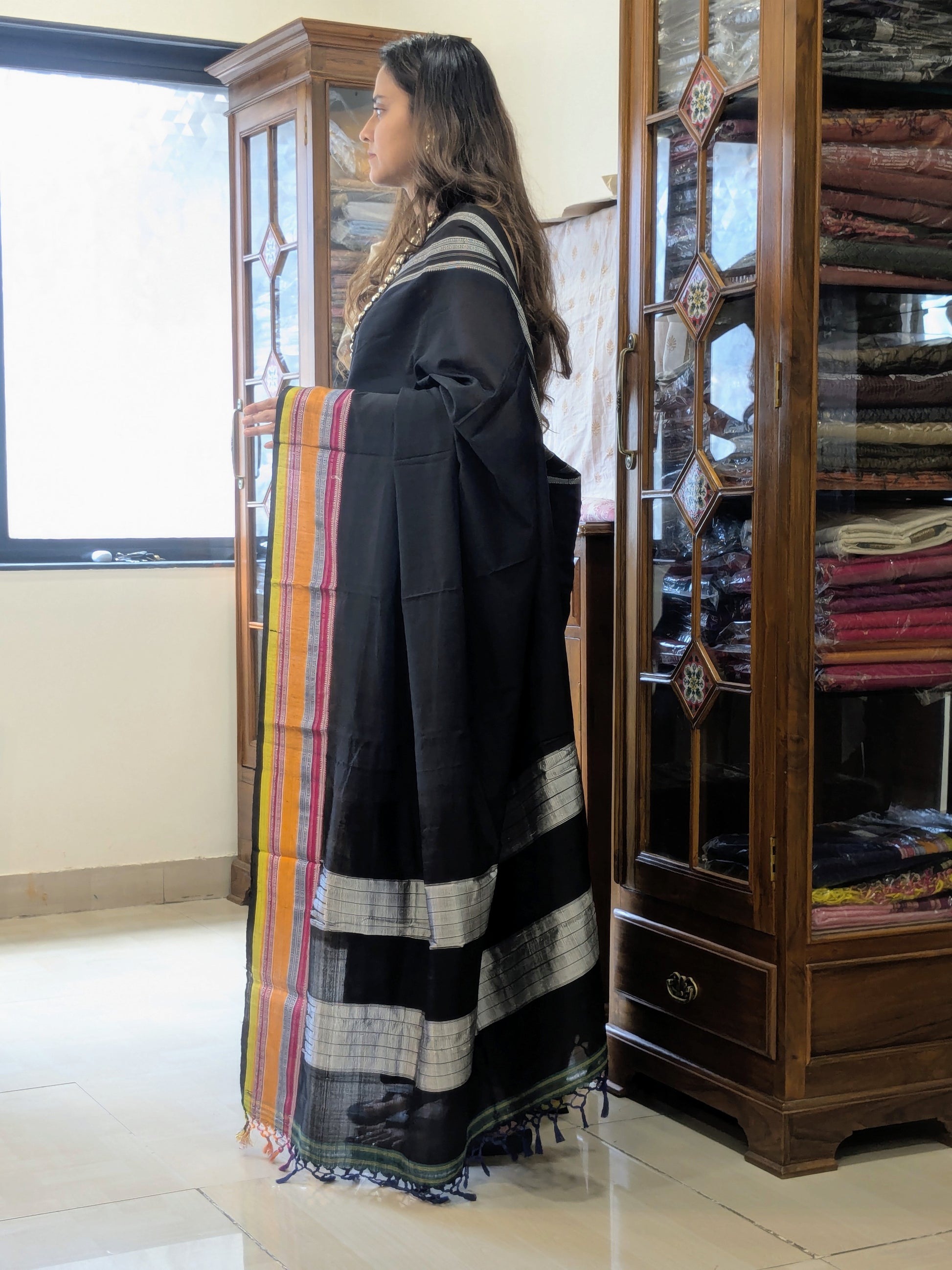 Handloom Black Ilkal Ganga Jamuna Border Saree