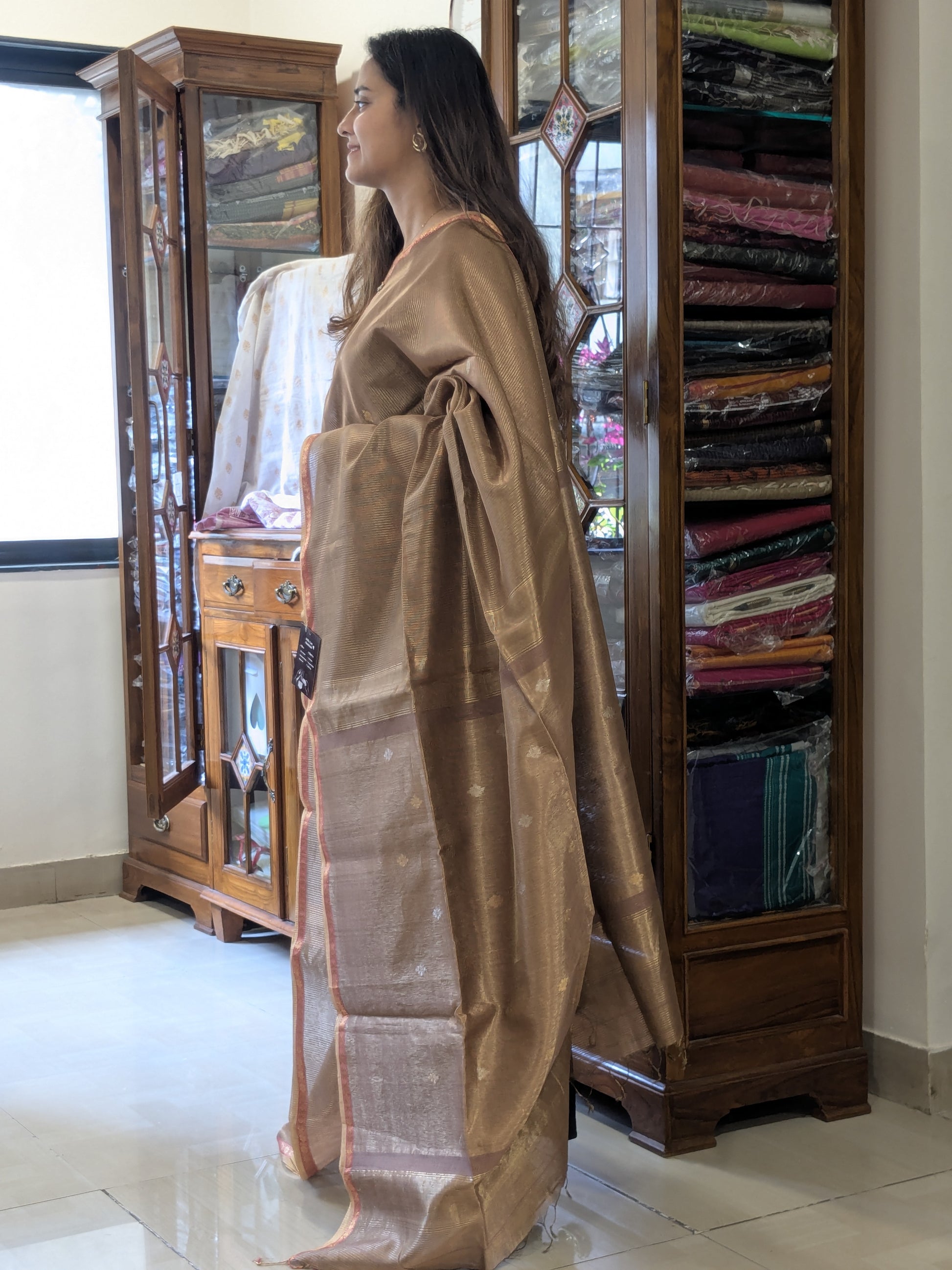 Maheshwari Beige Silk Tissue Saree