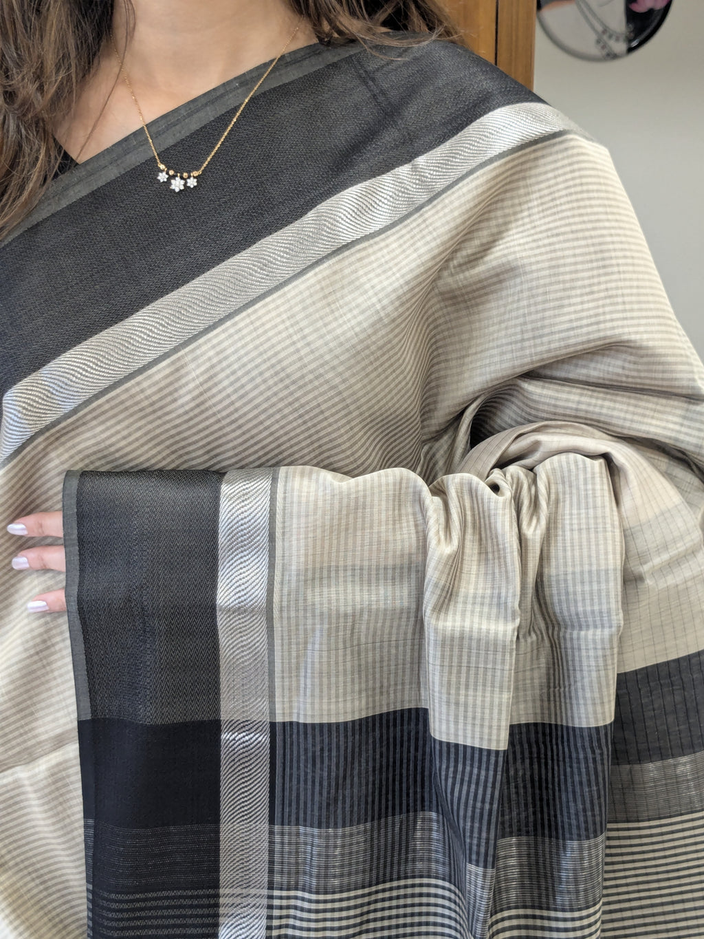 Maheshwari Biege Saree with Black Resham Border