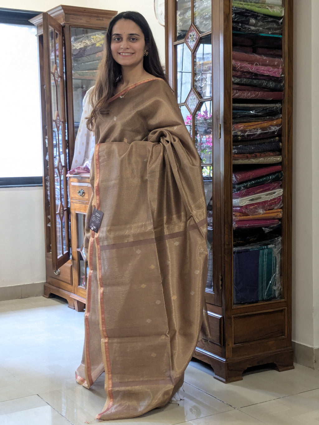 Maheshwari Beige Silk Tissue Saree
