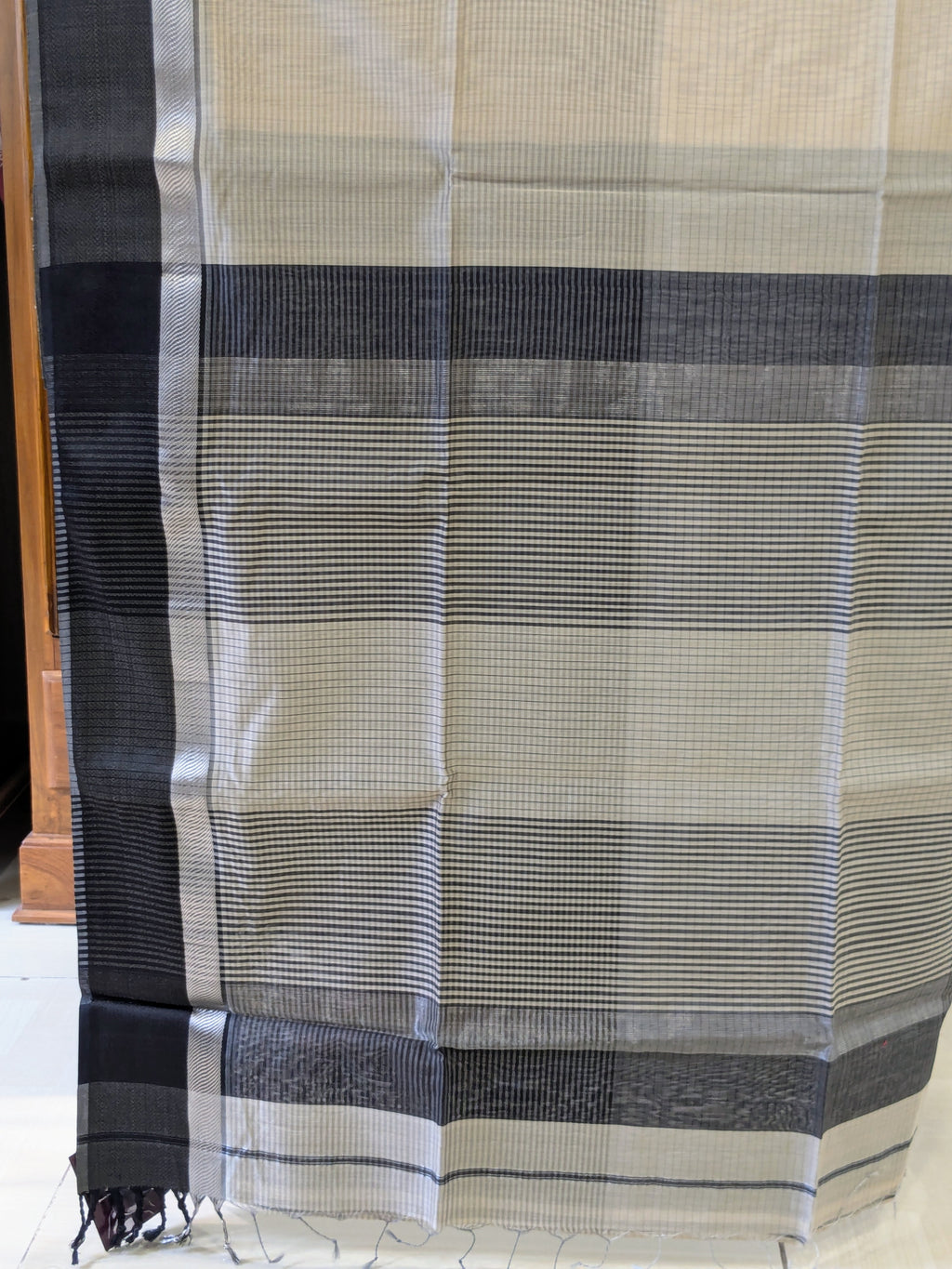 Maheshwari Biege Saree with Black Resham Border