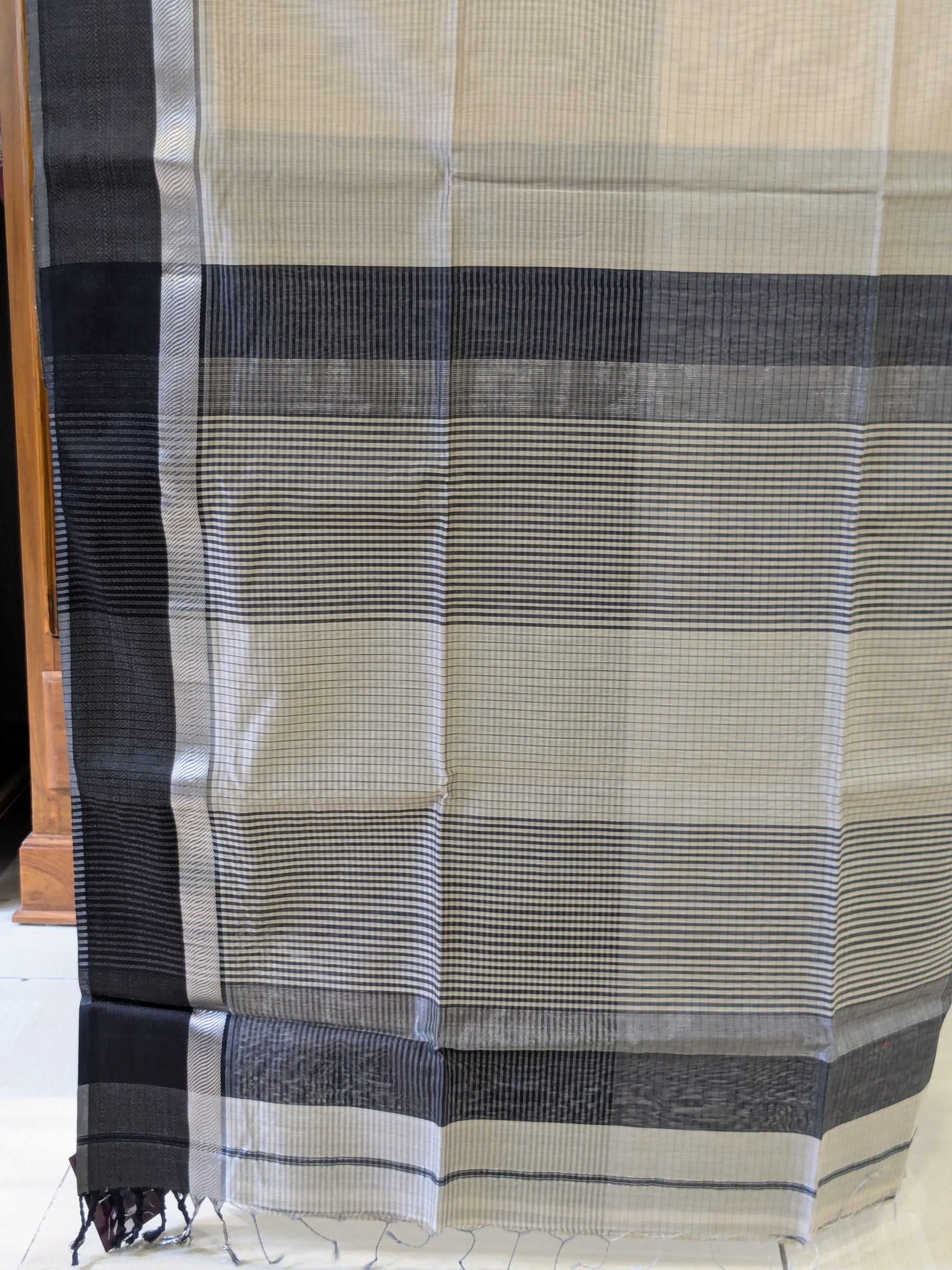 Maheshwari Biege Saree with Black Resham Border