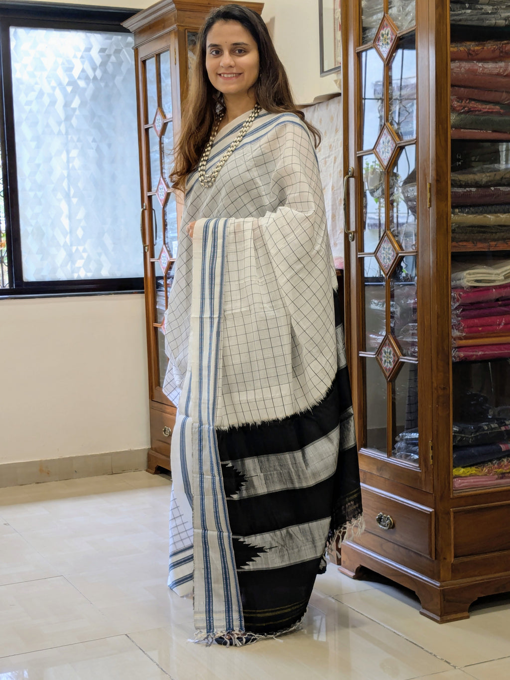 Handloom White Ilkal Saree with Checks