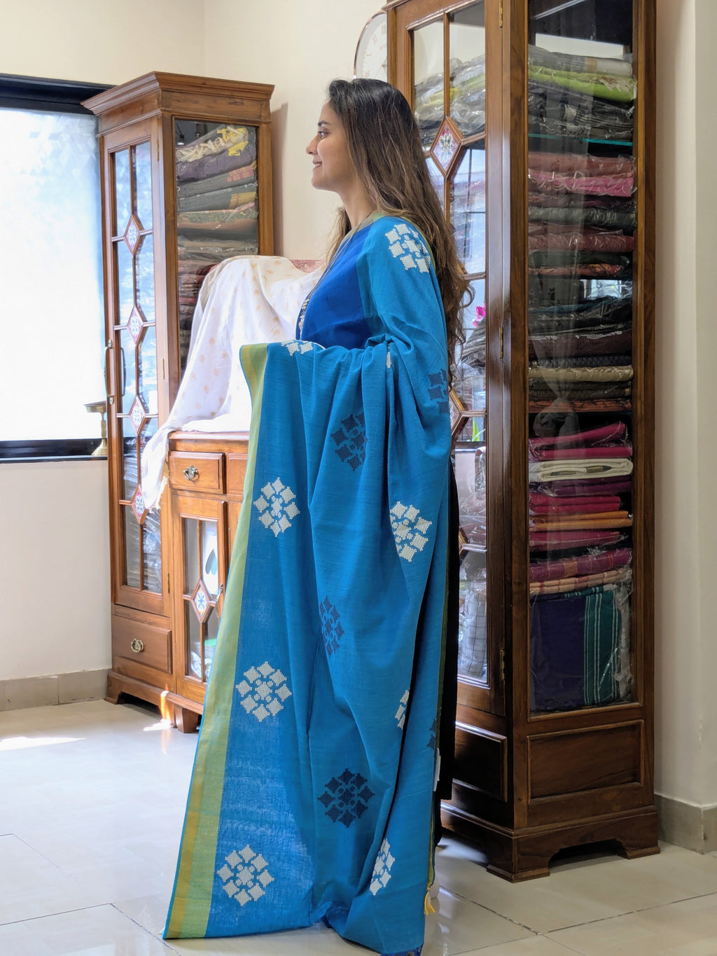 Bawan Buti Blue Cotton Saree