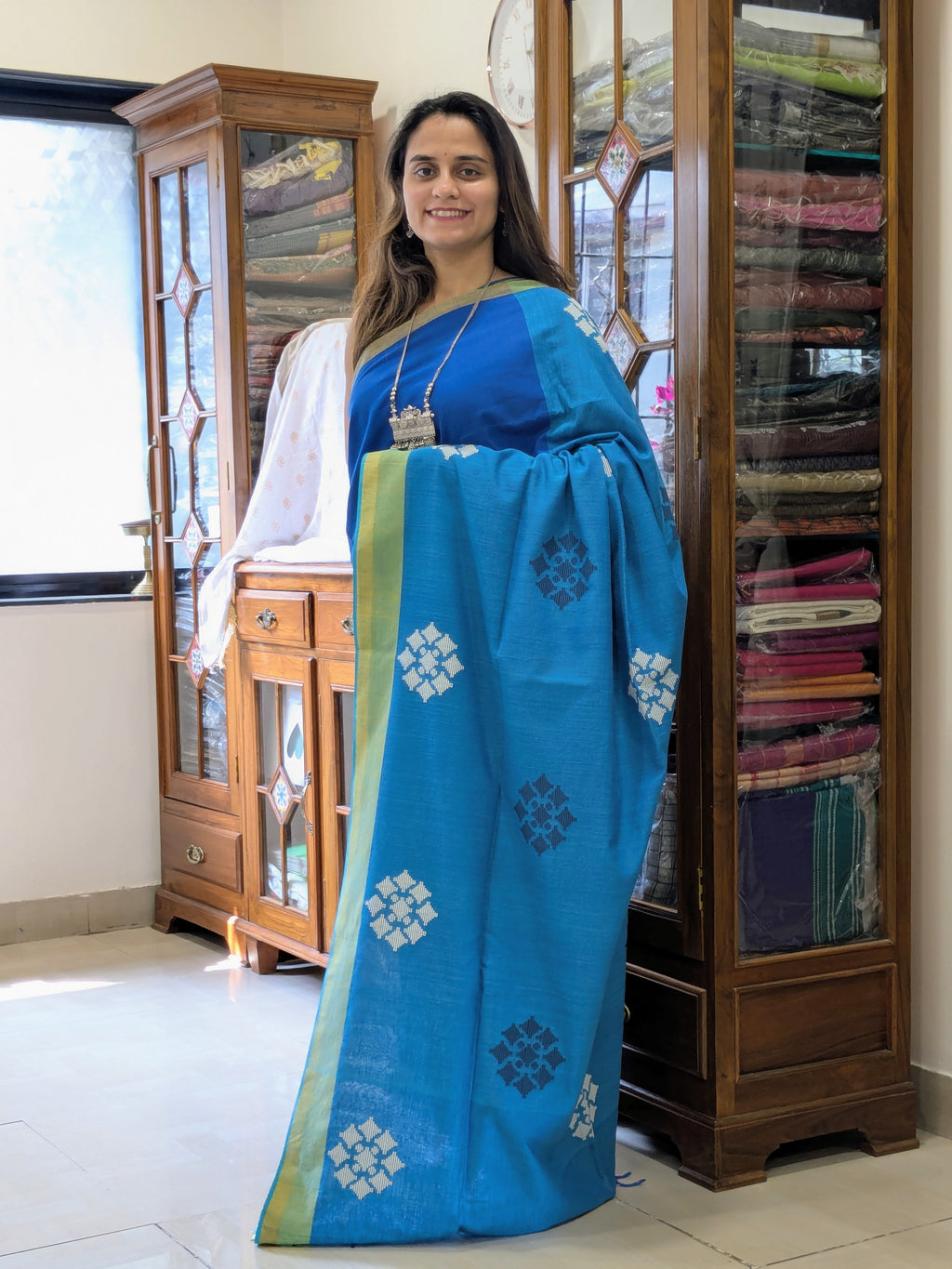 Bawan Buti Blue Cotton Saree