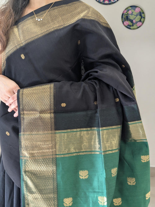 Black & Green Maheshwari Handloom Saree with Lotus Buttis