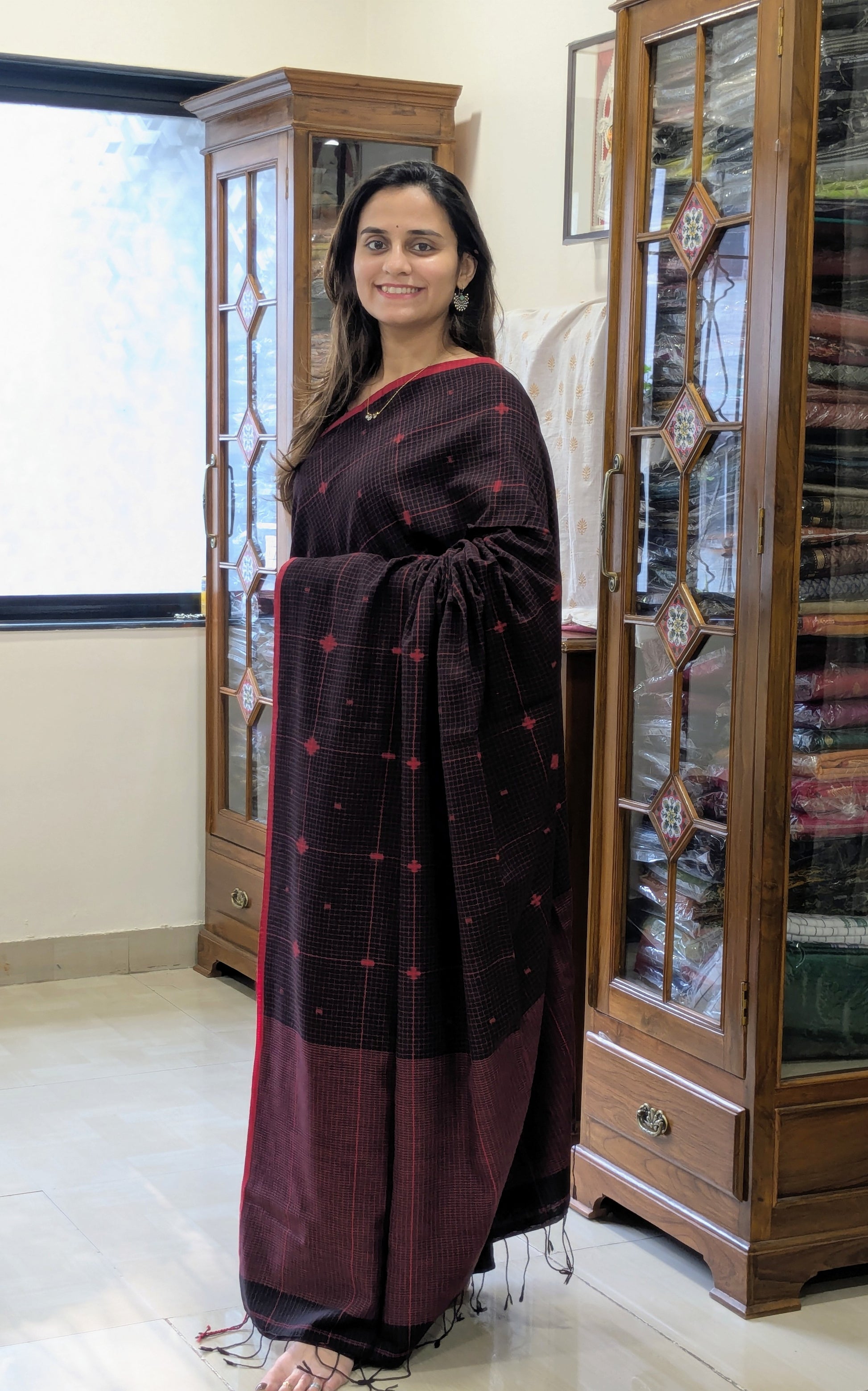Handloom Black Red Jamdani Saree with Checks