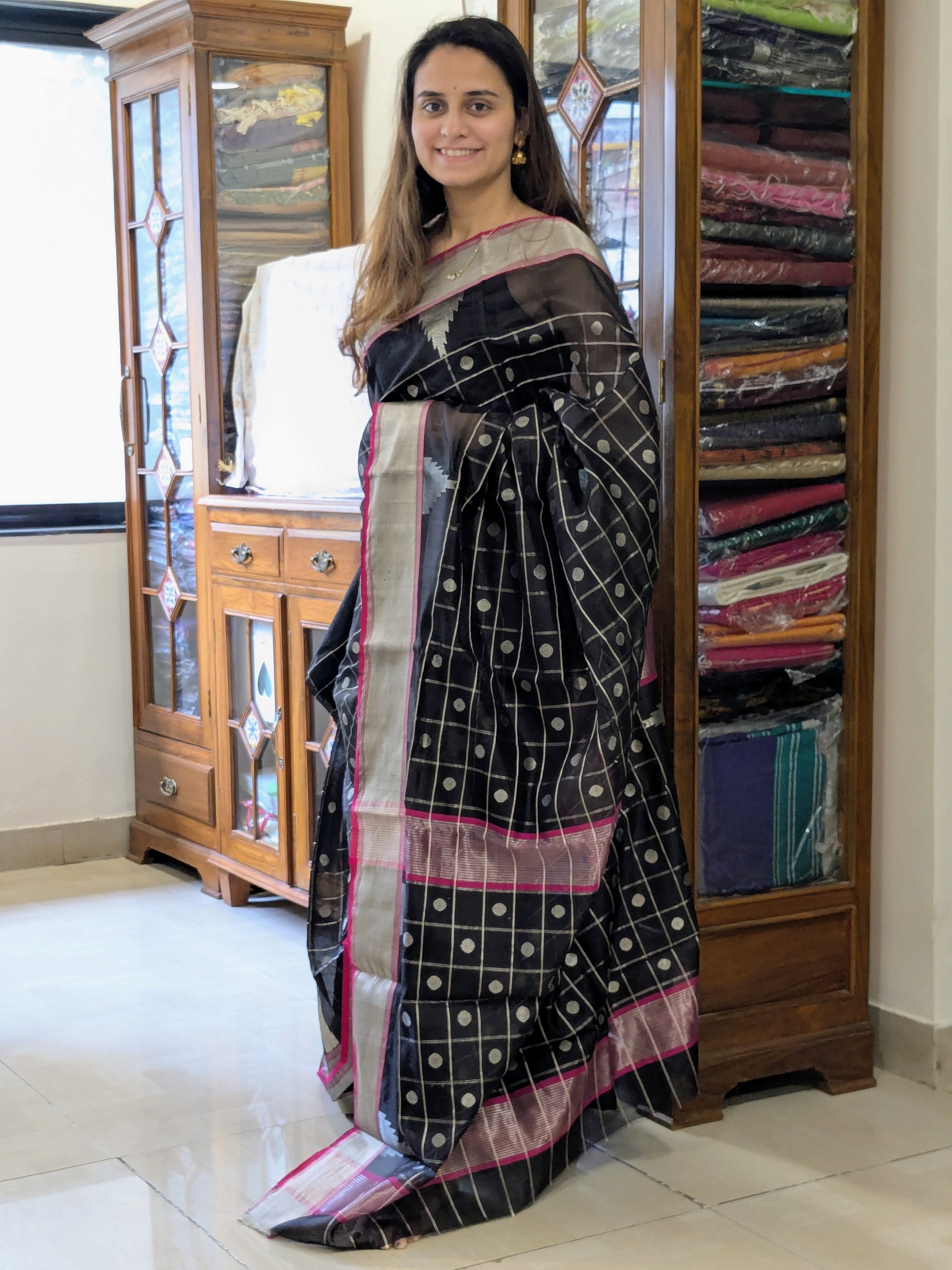 Handloom Black Chanderi Checks Saree