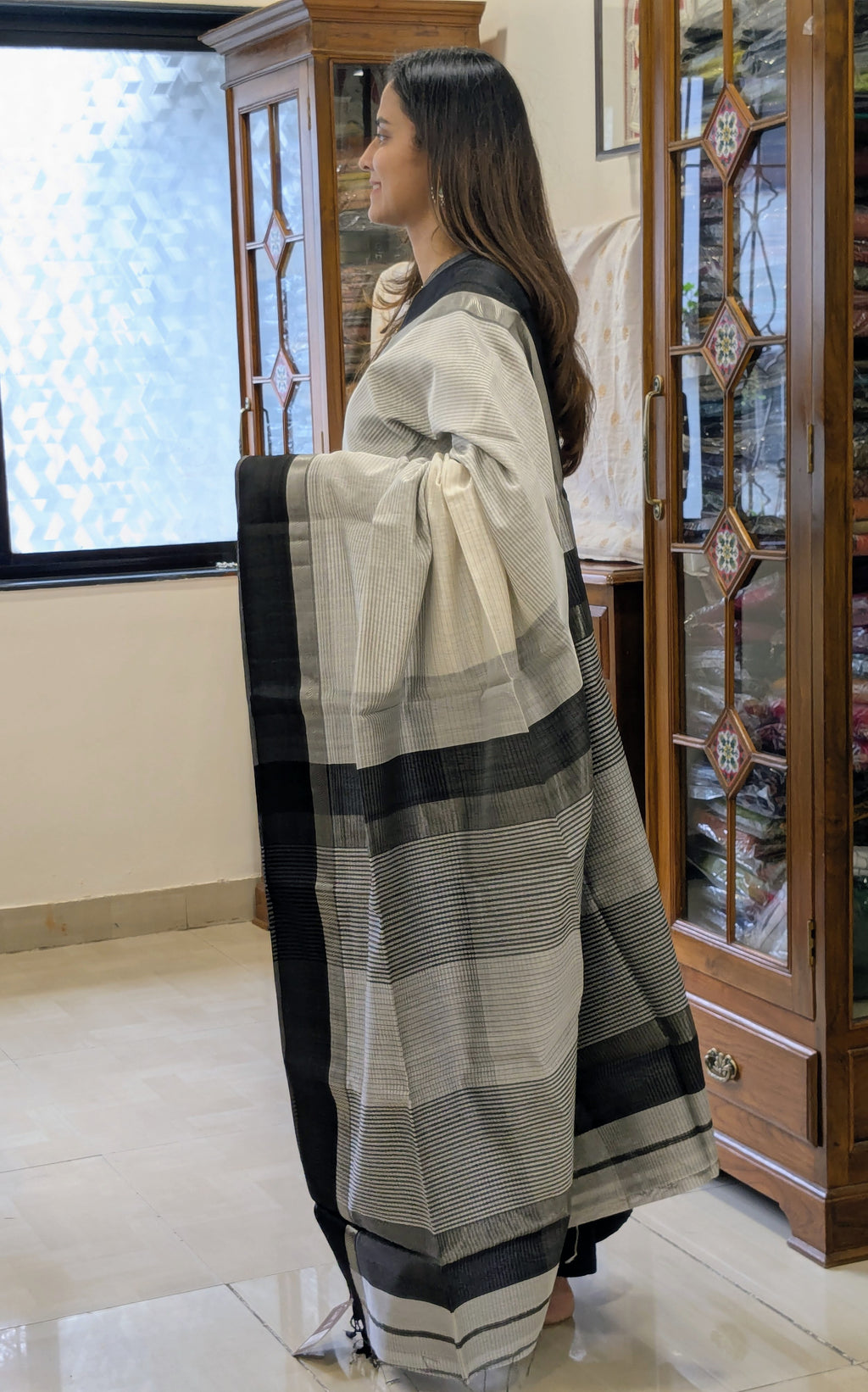 Maheshwari White Saree with Black Resham Border