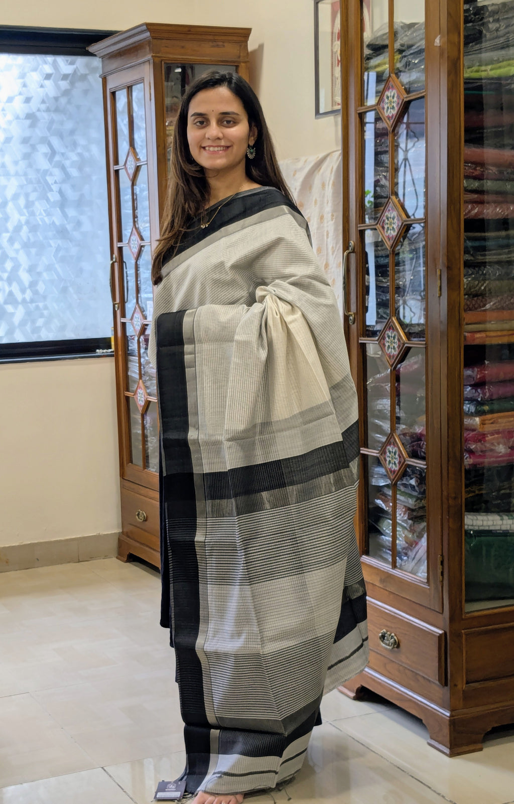 Maheshwari White Saree with Black Resham Border