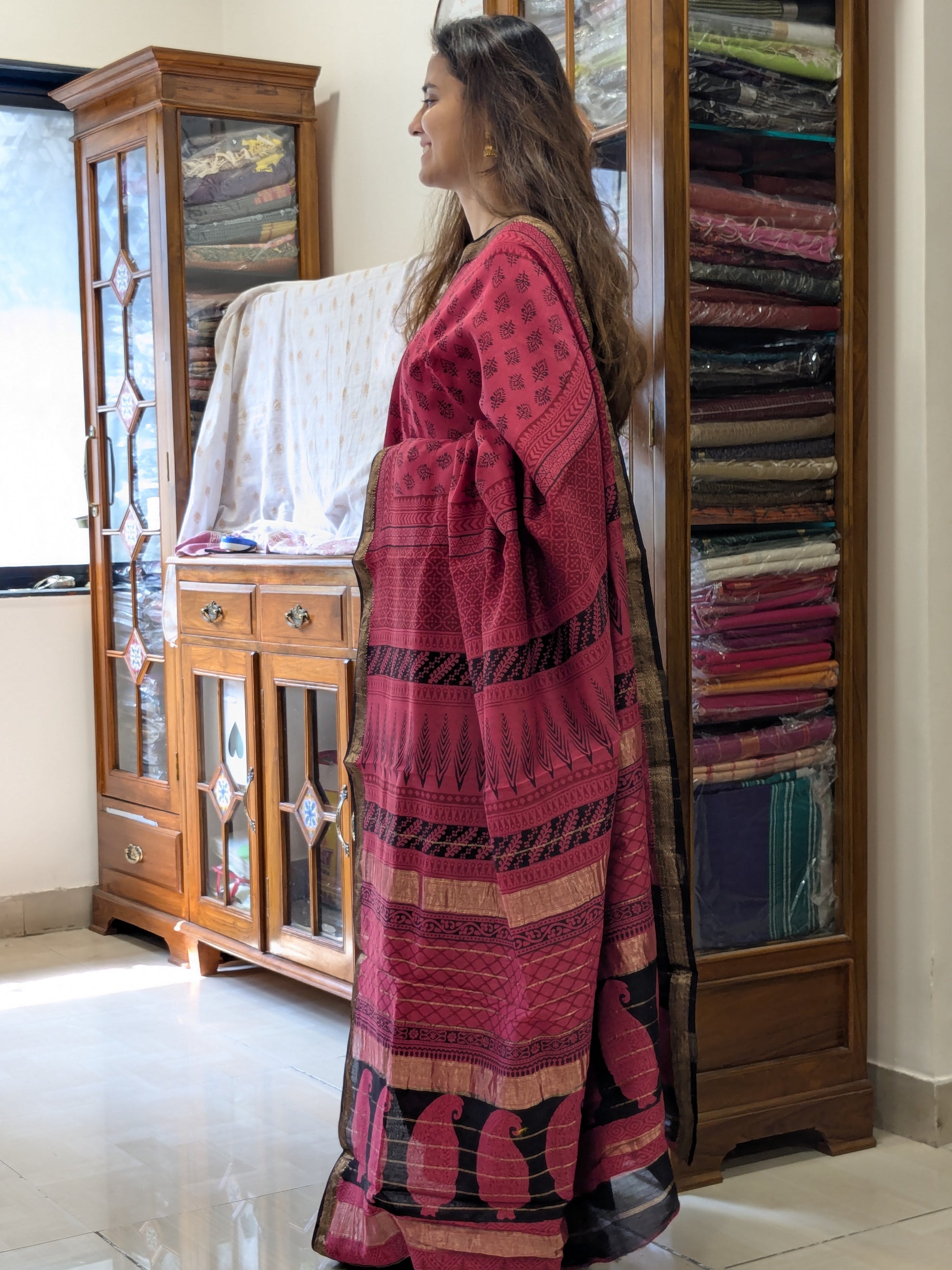 Maheshwari Magenta Handloom Bagh Handblock Print Saree